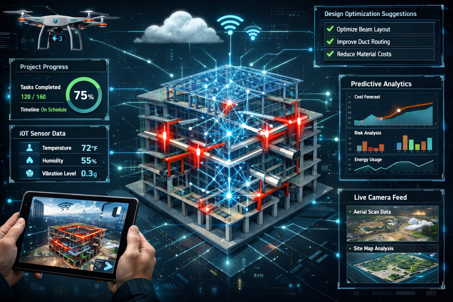 Detailed landscape format (1536x1024) image depicting AI-powered BIM workflow: central 3D building model with glowing neural network overlay