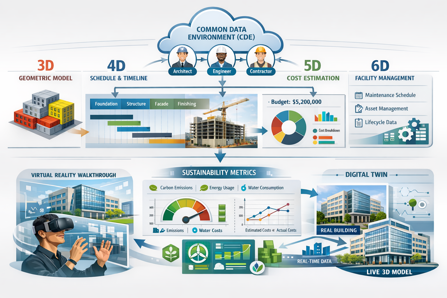 Detailed landscape format (1536x1024) image showing comprehensive BIM dimensions evolution: visual progression from 3D geometric model to 4D