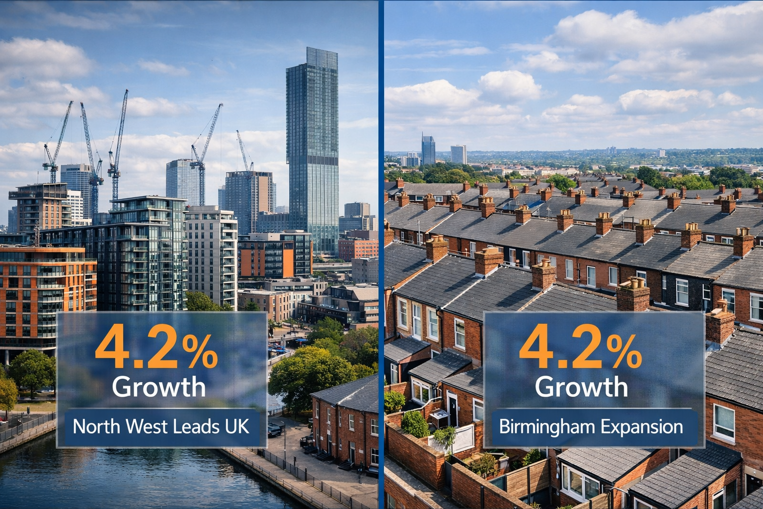Detailed () image showing split-screen comparison of Northern England property markets: left side displays Manchester city