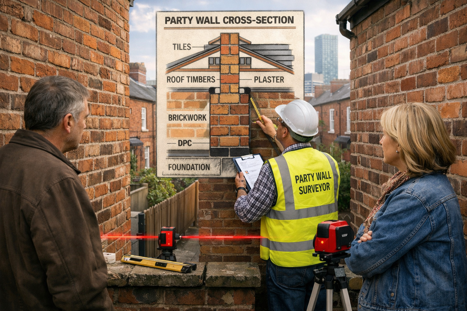 () image depicting dispute resolution scenario in Northern England terraced property: professional party wall surveyor in