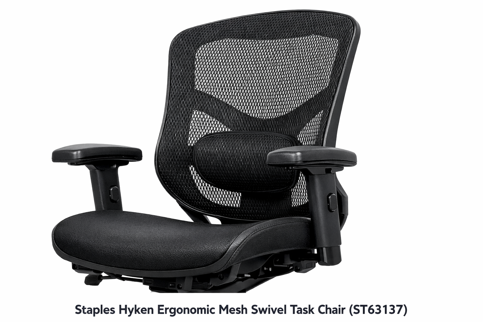 Close-up product shot of the Staples Hyken Ergonomic Mesh Swivel Task Chair in black (ST63137), highlighting the breathable mesh back, adjustable armrests, and lumbar support curve. Clean white studio background with product name label visible. Sharp detail, professional lighting.