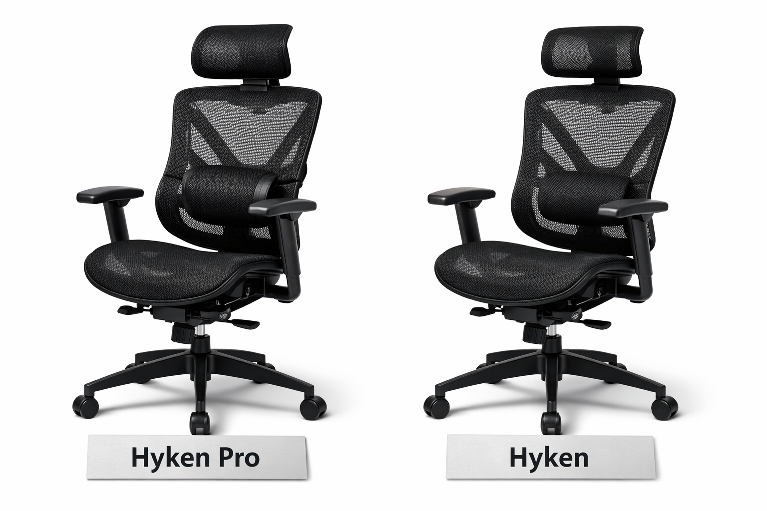 Side-by-side comparison of the Staples Hyken Pro Ergonomic Mesh Swivel Task Chair (ST63228) next to the standard Hyken model, showing the upgraded headrest and enhanced lumbar features. Studio lighting, angled 3/4 view, product names displayed on subtle cards beneath each chair.