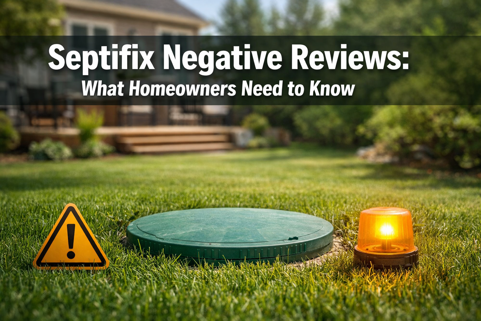Professional () hero image with : 'Septifix Negative Reviews: What Homeowners Need to Know' in extra large white with dark