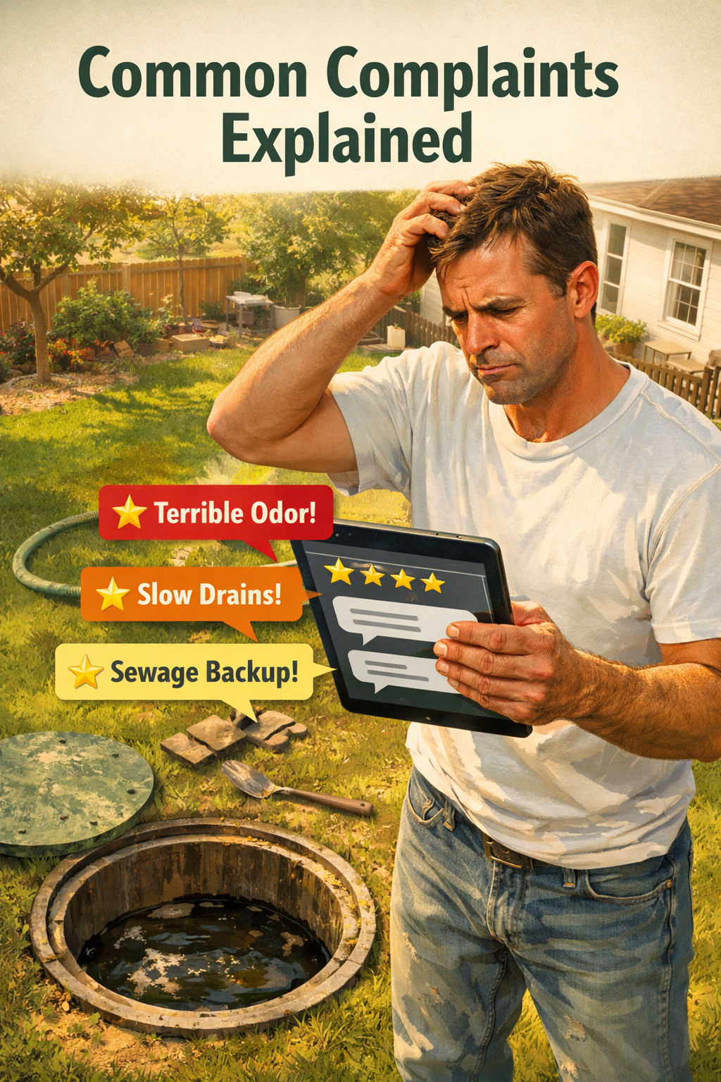 Portrait/Pinterest format () detailed illustration showing a frustrated homeowner in casual clothing standing next to a