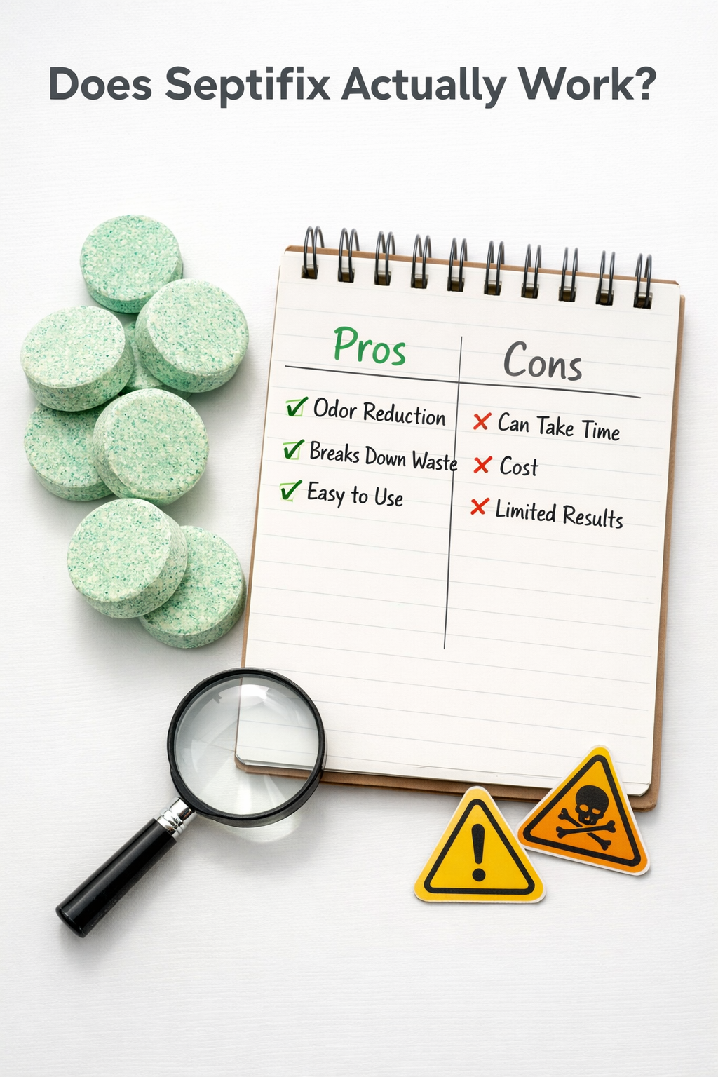 Portrait/Pinterest format () close-up flat-lay comparison image on a clean white surface showing septic treatment tablets