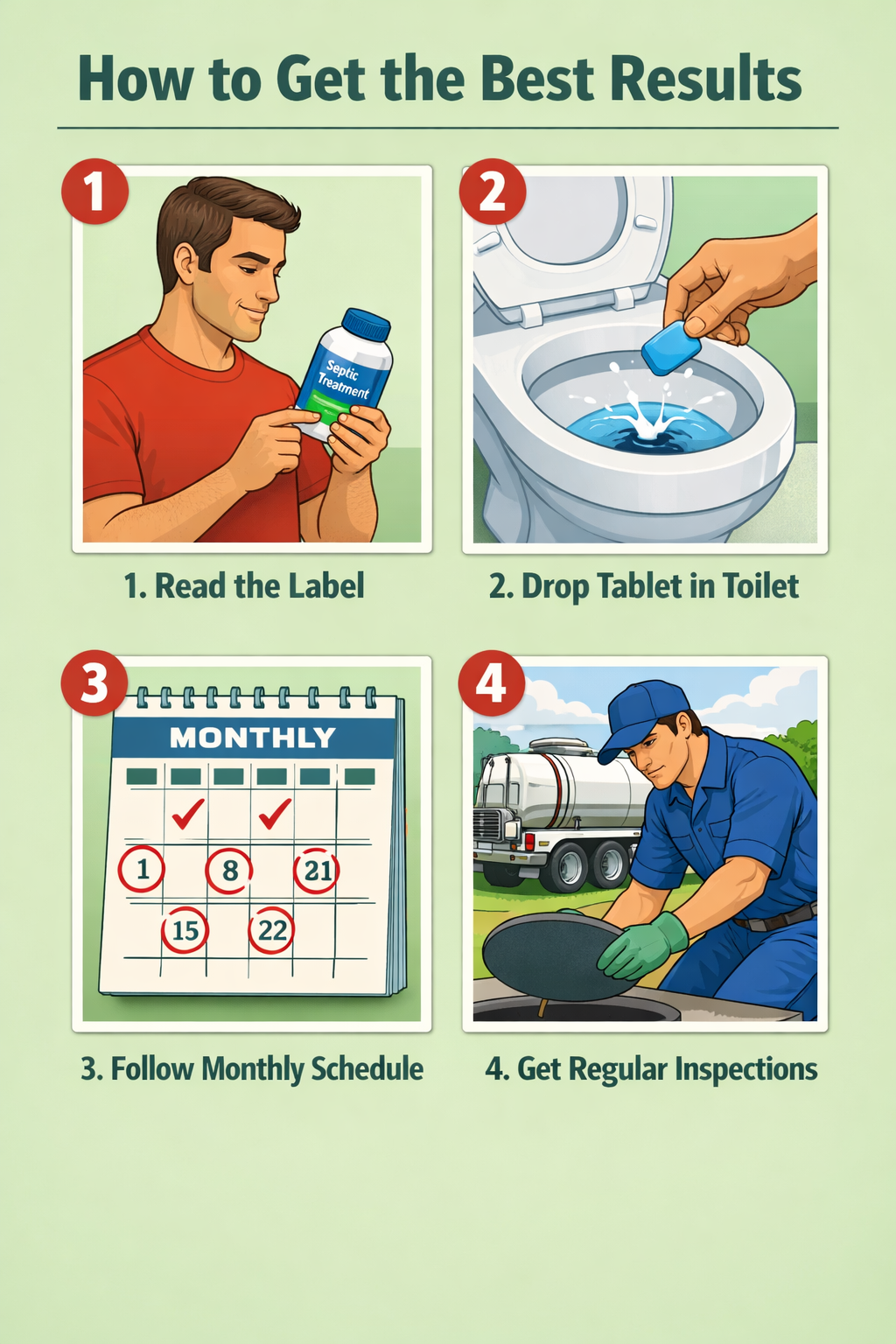 Portrait/Pinterest format () step-by-step visual guide showing four illustrated panels: (1) homeowner reading product label,