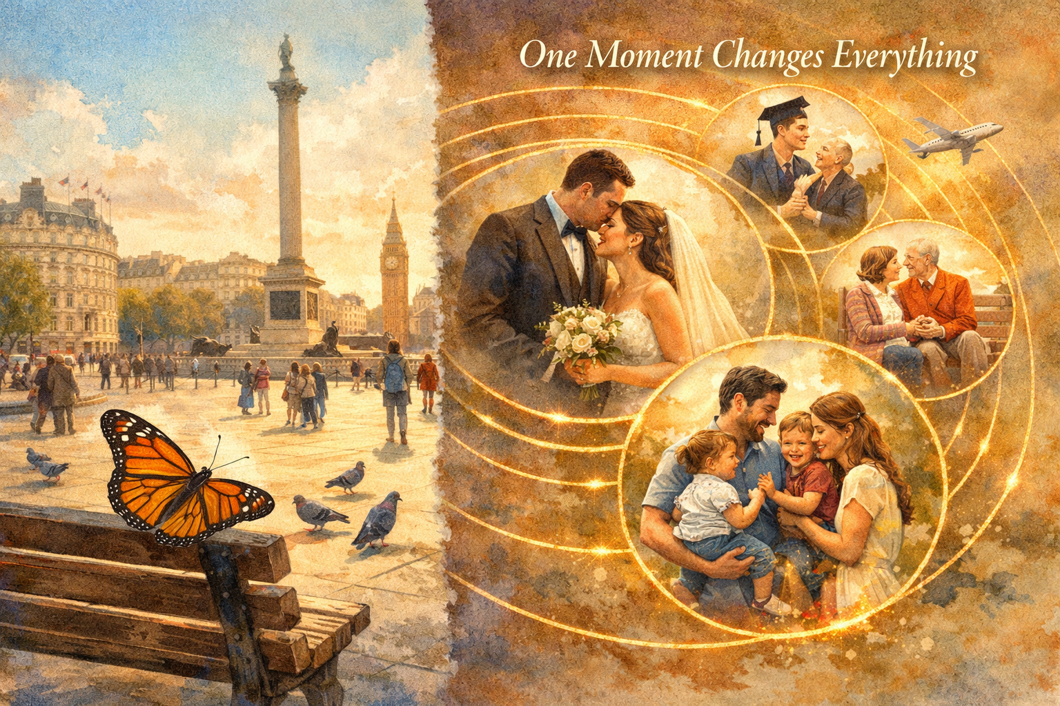 Landscape format (1536x1024) editorial illustration depicting the butterfly effect concept applied to human connection. Split composition: l