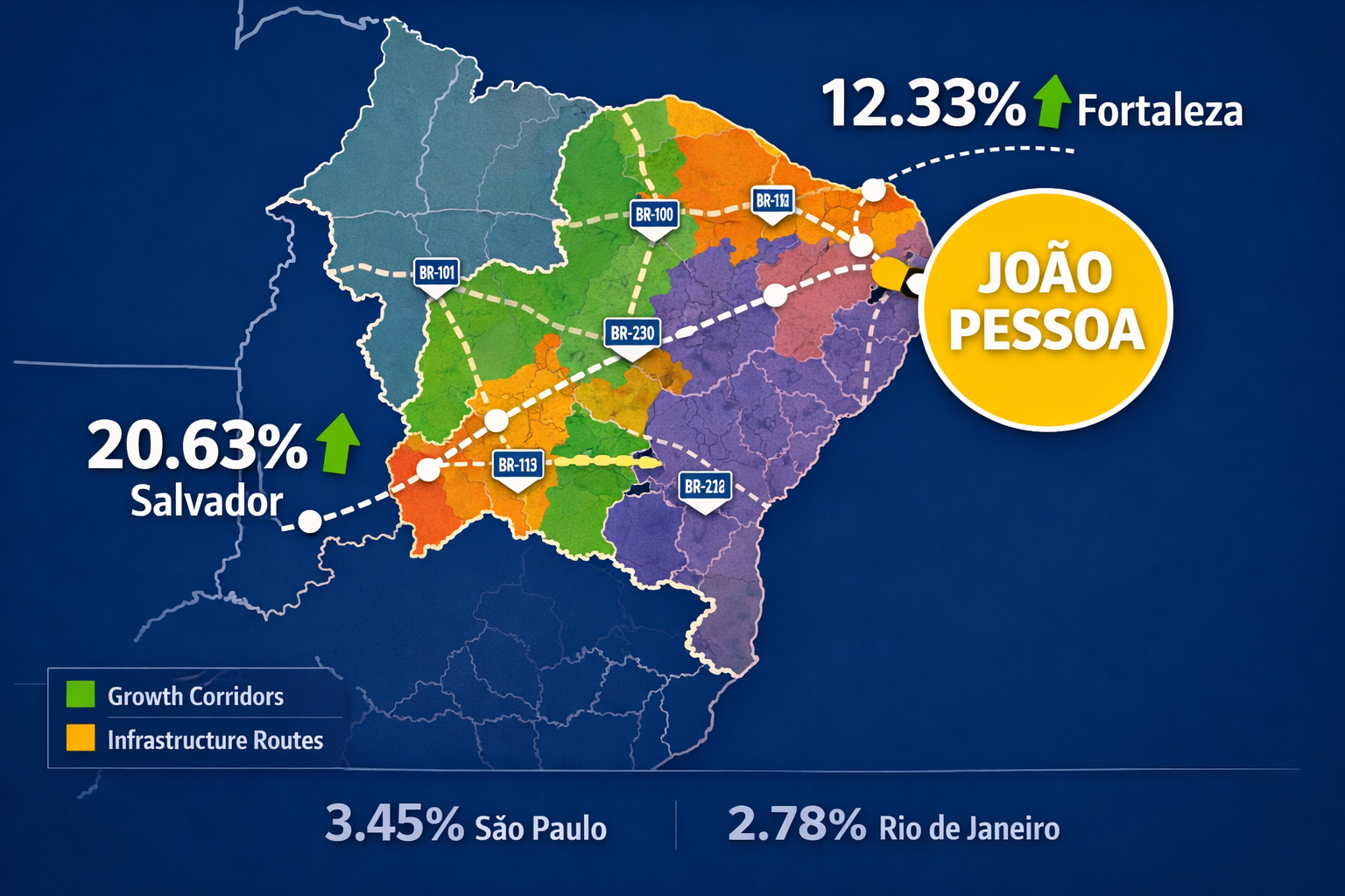 () editorial image showing detailed infographic map of Brazil's Northeast region with João Pessoa prominently highlighted in