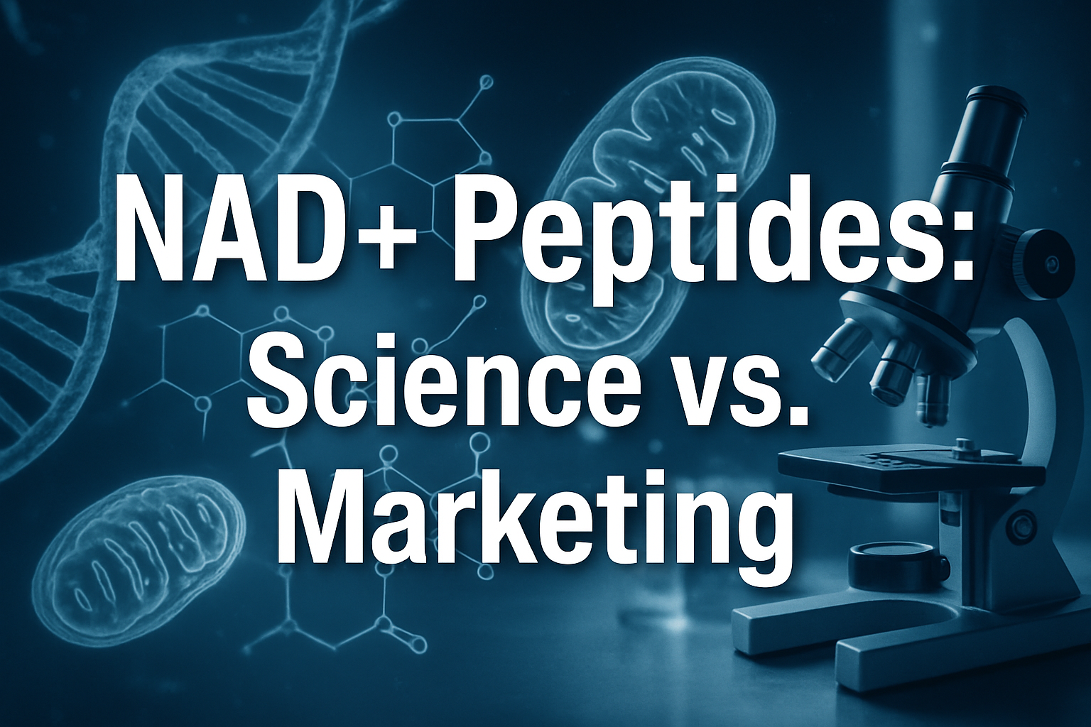 Professional landscape hero image (1536x1024) featuring bold text overlay 'NAD+ Peptides: Science vs. Marketing' in extra large 72pt white s