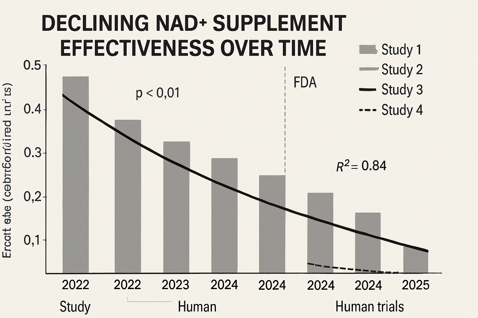 Comprehensive research data visualization showing declining NAD+ supplement effectiveness over time. Chart displays multiple studies from 20