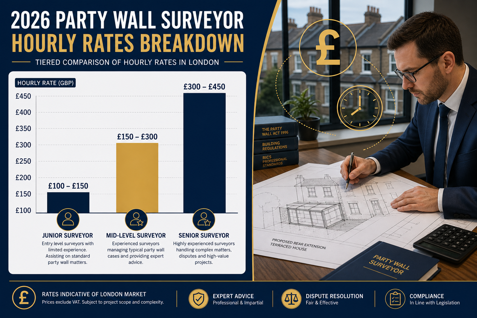 Detailed () infographic-style illustration showing a tiered fee breakdown chart for 2026 party wall surveyor hourly rates.