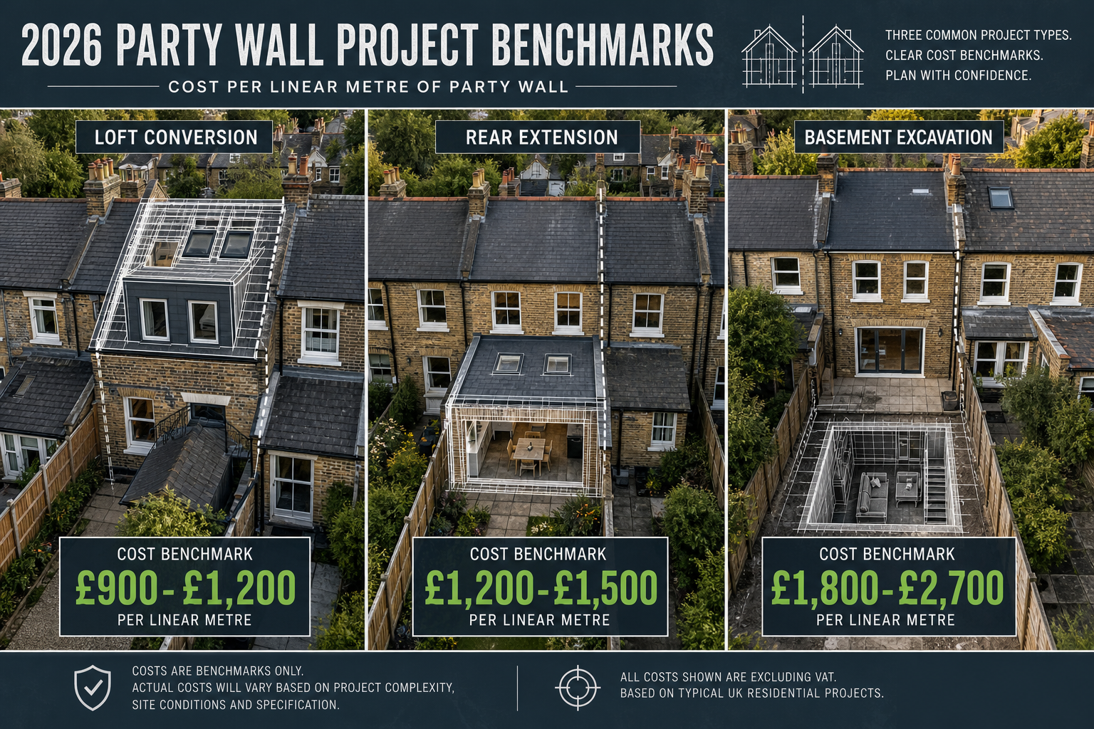 () aerial bird's-eye view comparison graphic showing three residential project types side by side: a loft conversion, a rear