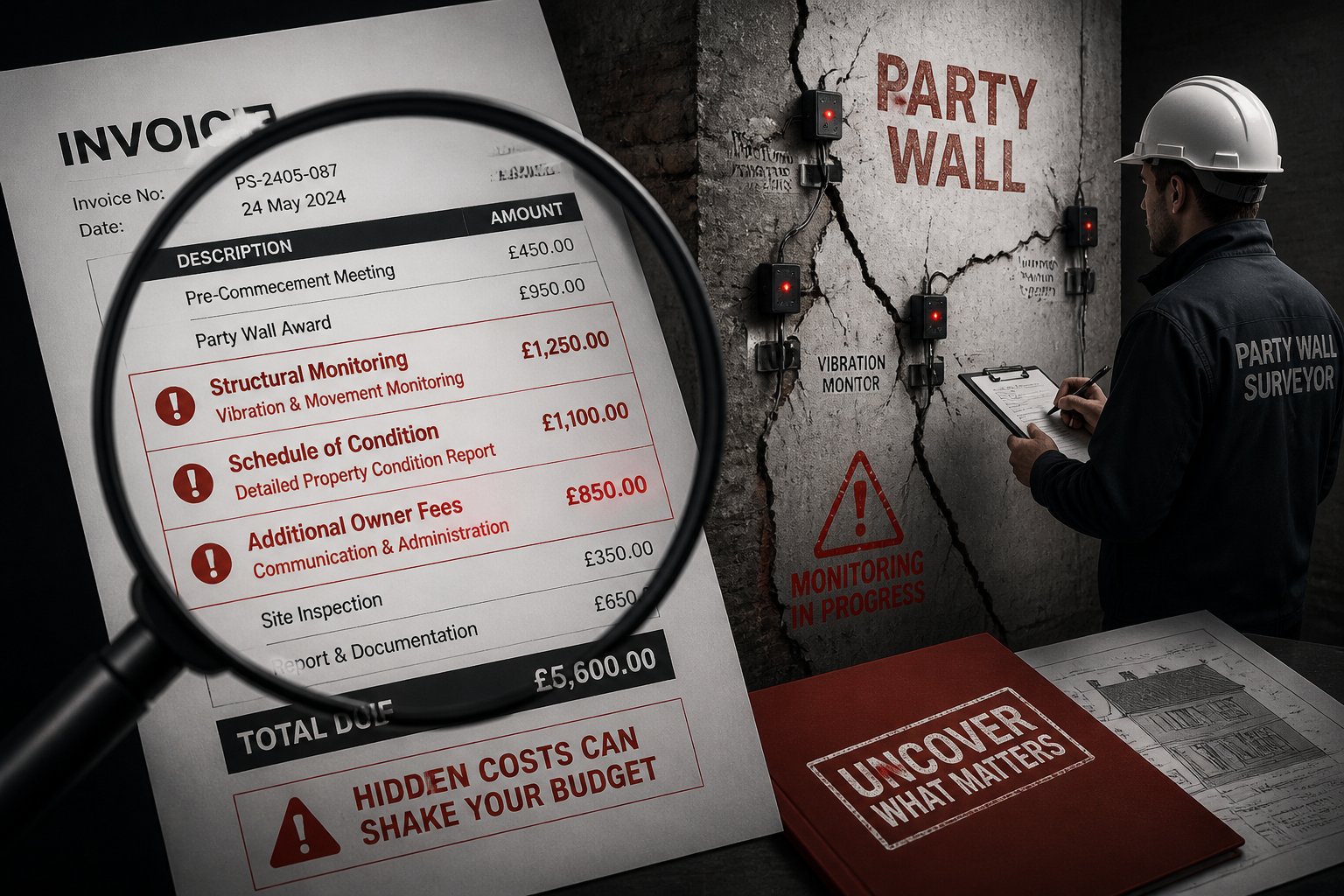 () conceptual illustration depicting hidden monitoring costs in party wall surveys. Foreground: a magnifying glass hovering