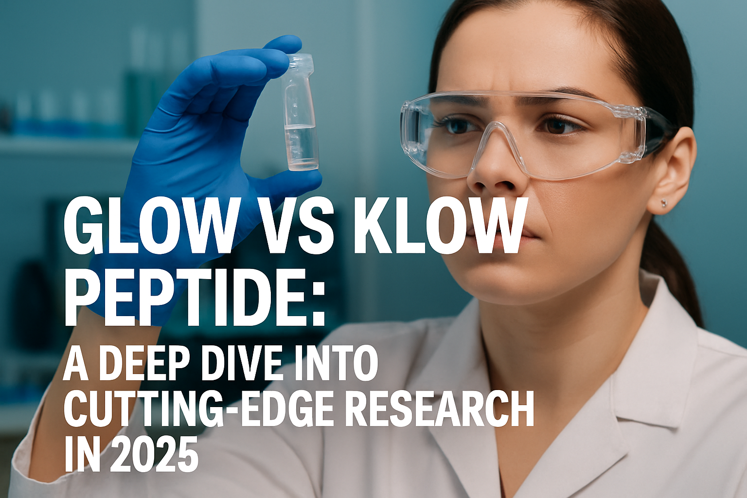 Professional landscape hero image (1536x1024) with bold text overlay: "Glow vs Klow Peptide: A Deep Dive into Cutting-Edge Research in 2025"