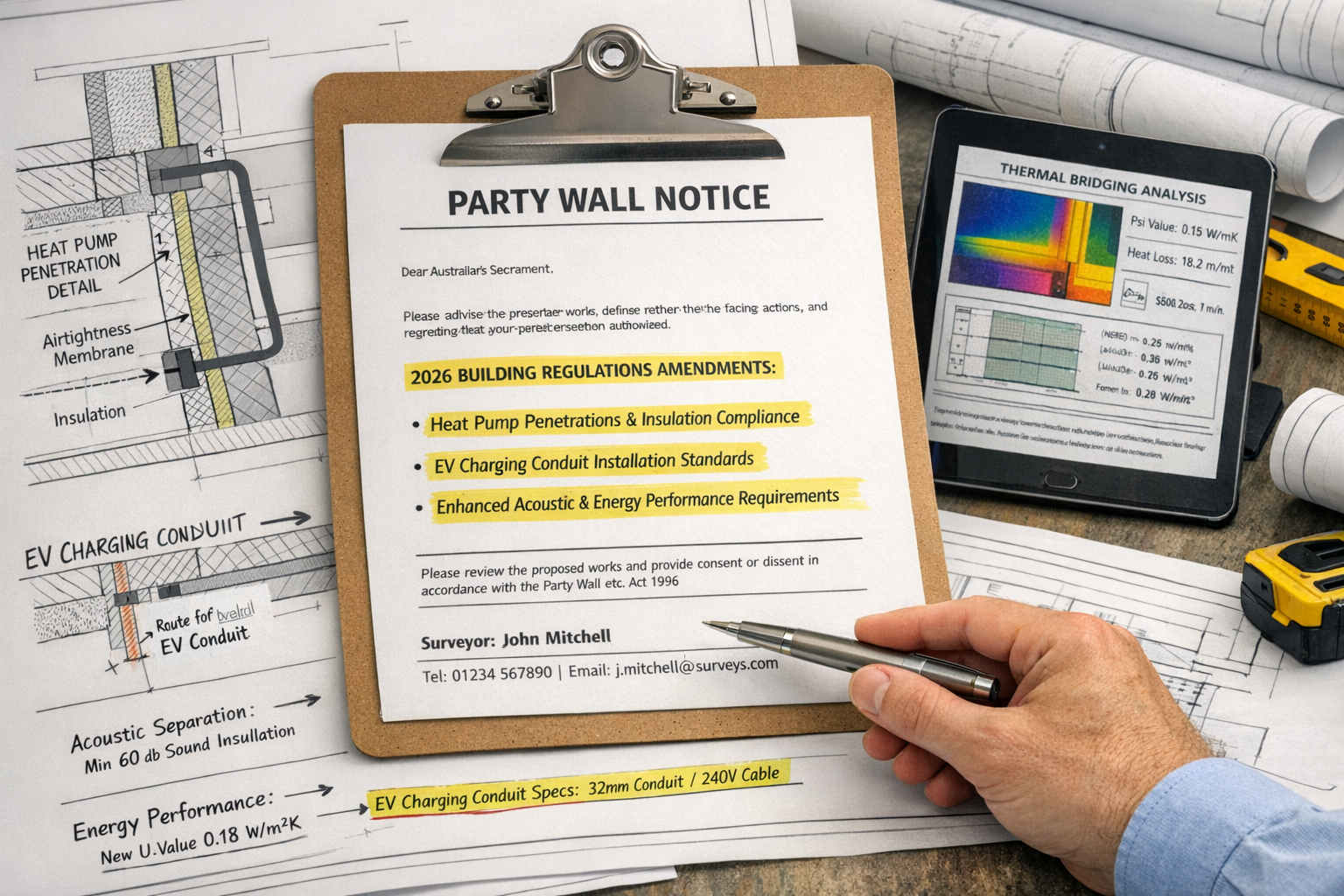 Detailed () image showing close-up of official party wall notice document on clipboard with 2026 Building Regulations