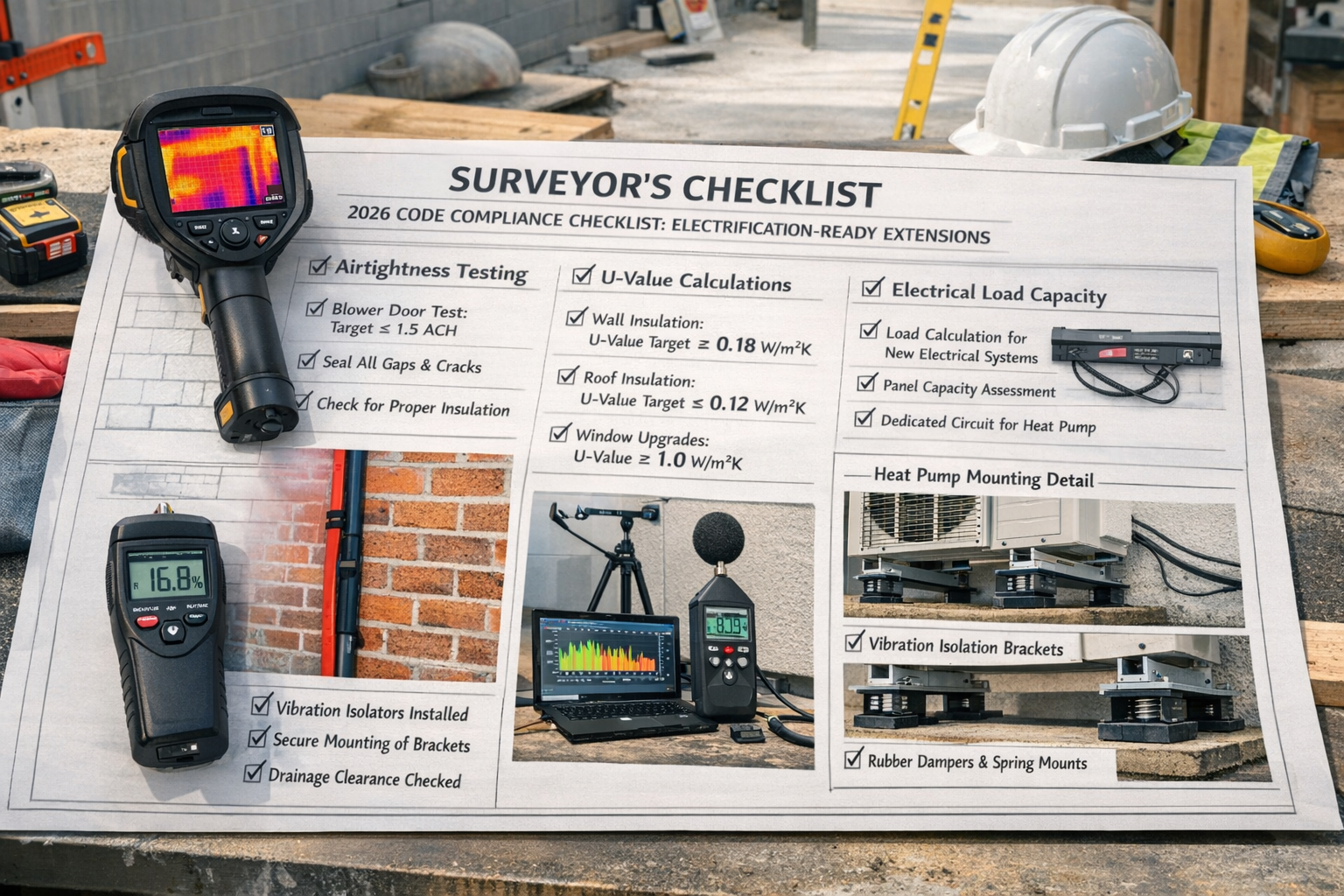 Detailed () image displaying comprehensive surveyor checklist on large format paper with checkboxes and annotations, showing