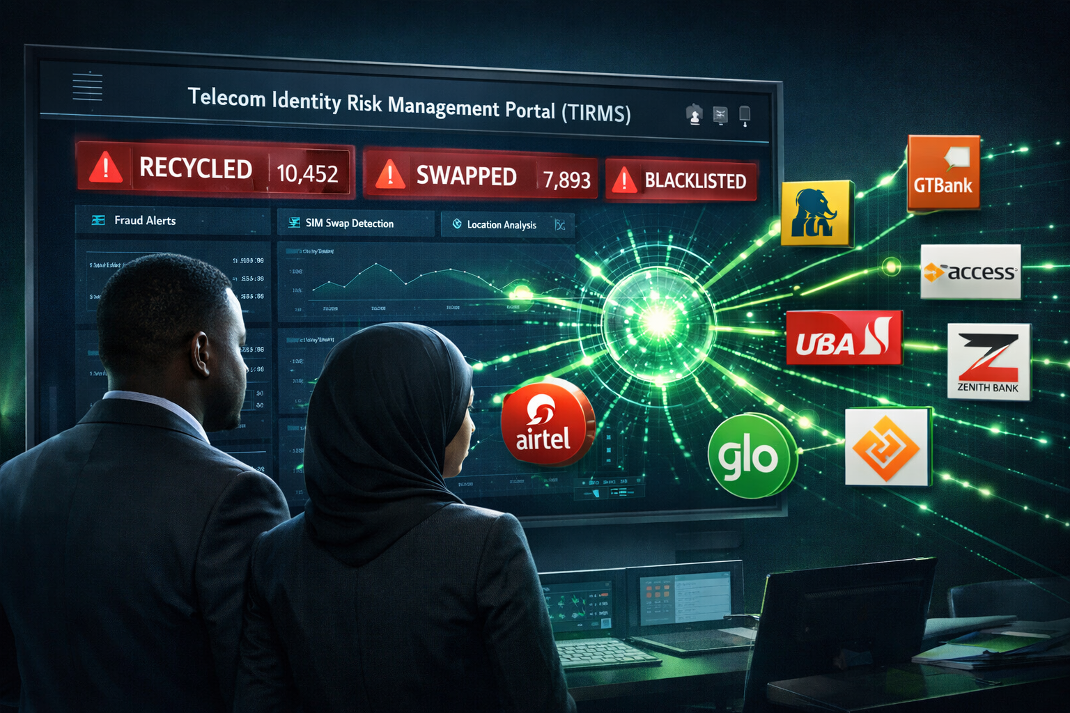Wide () editorial illustration showing a digital portal dashboard interface labeled 'Telecom Identity Risk Management Portal