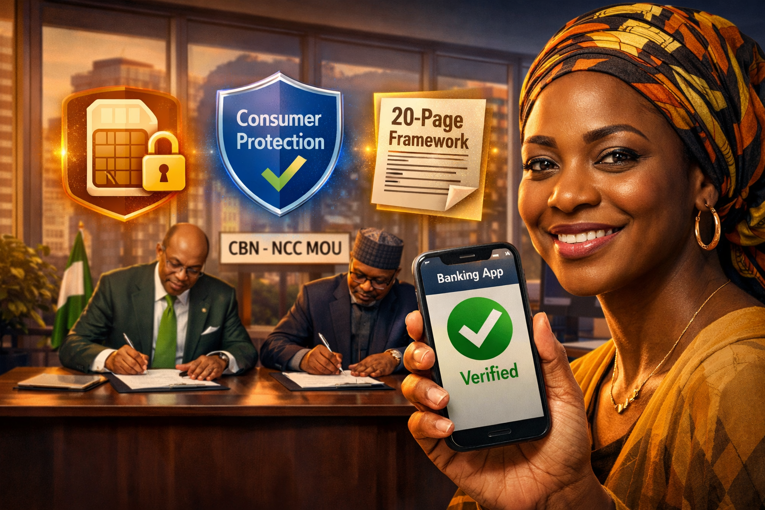 () concept illustration of a Nigerian consumer holding a smartphone showing a banking app with a green verification