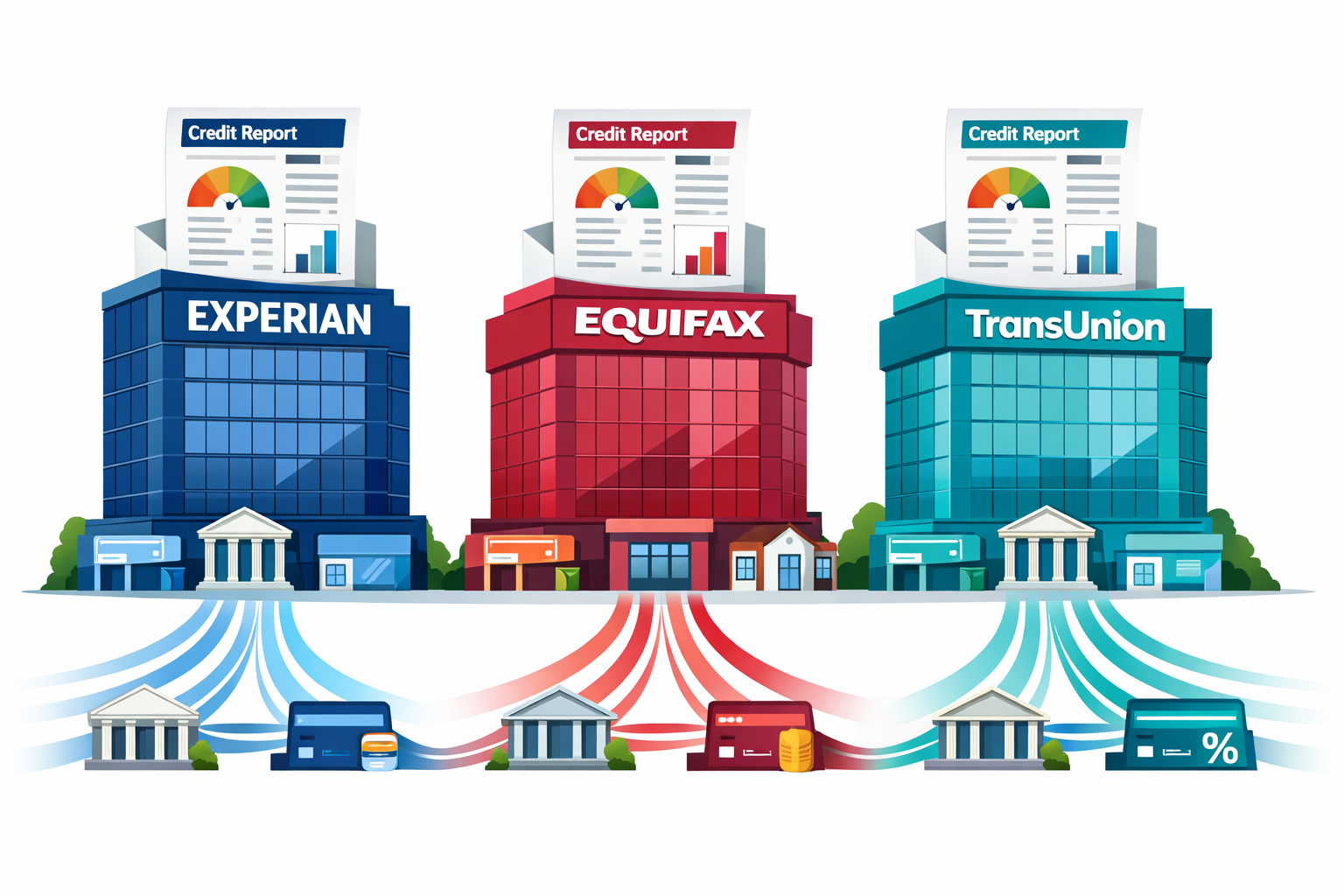 for cover IMAGE only (3:2) A desk showing three folders labeled Experian, Equifax, and TransUnion beside a credit report document and calcul