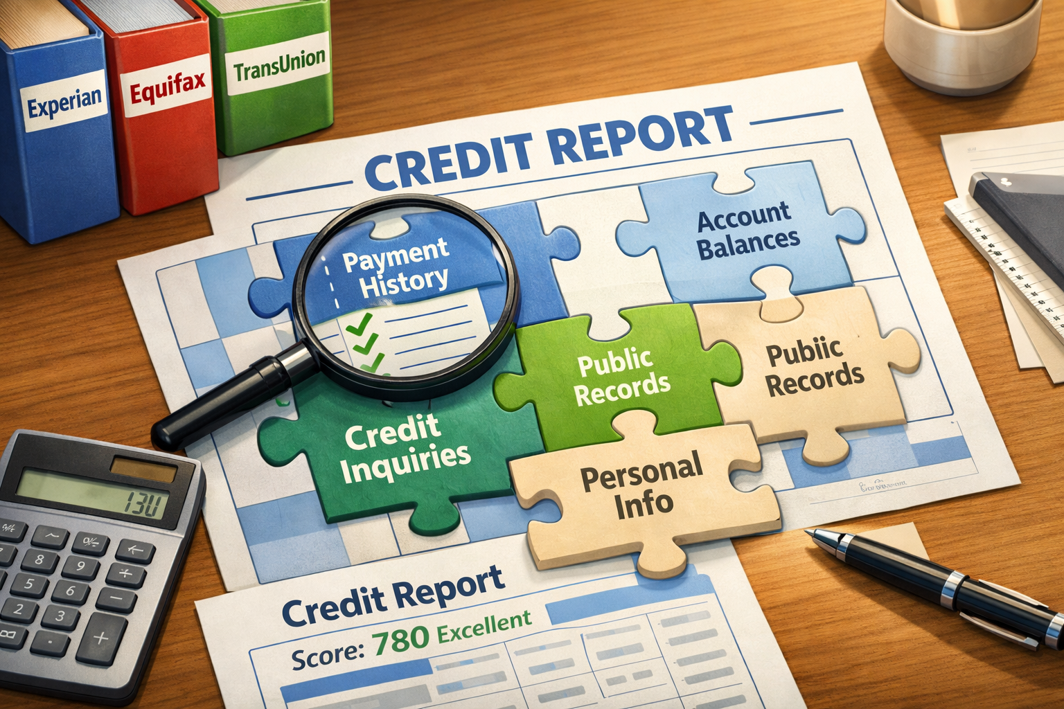 for cover IMAGE only (3:2) A desk showing three folders labeled Experian, Equifax, and TransUnion beside a credit report document and calcul