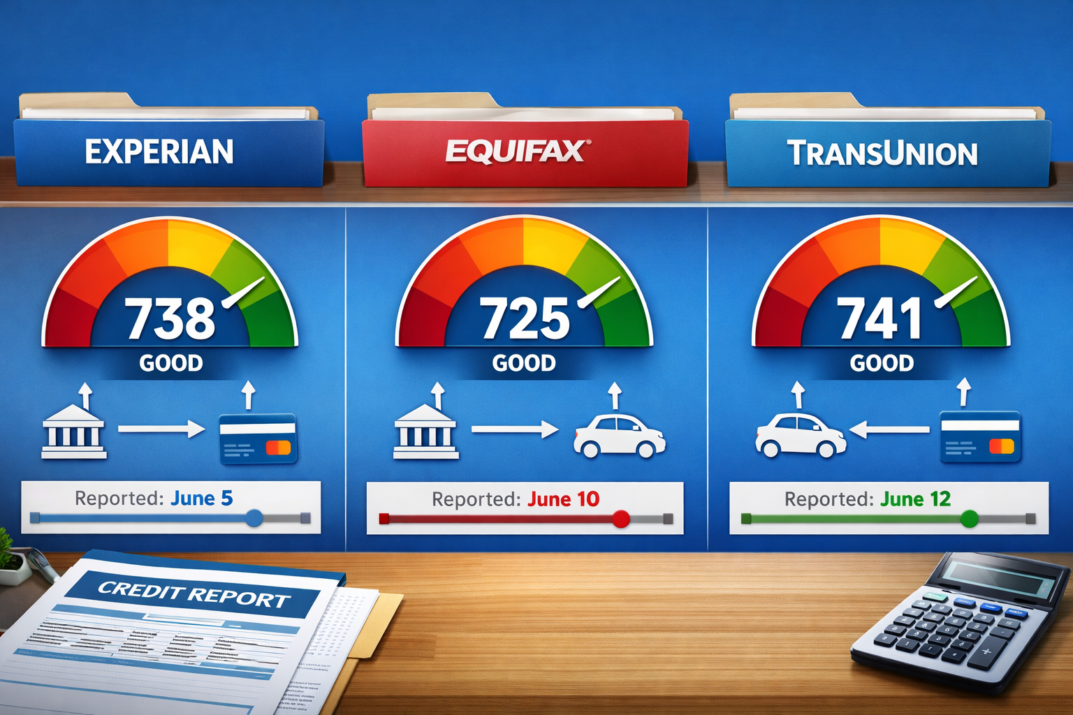 for cover IMAGE only (3:2) A desk showing three folders labeled Experian, Equifax, and TransUnion beside a credit report document and calcul