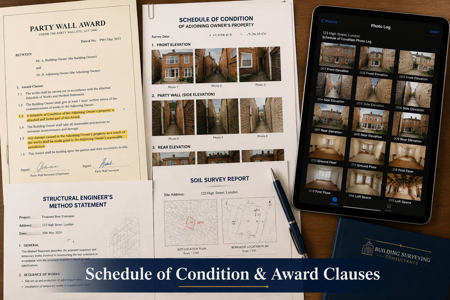 () flat-lay overhead shot of a professional desk showing a Party Wall Award document with highlighted clauses, a Schedule of