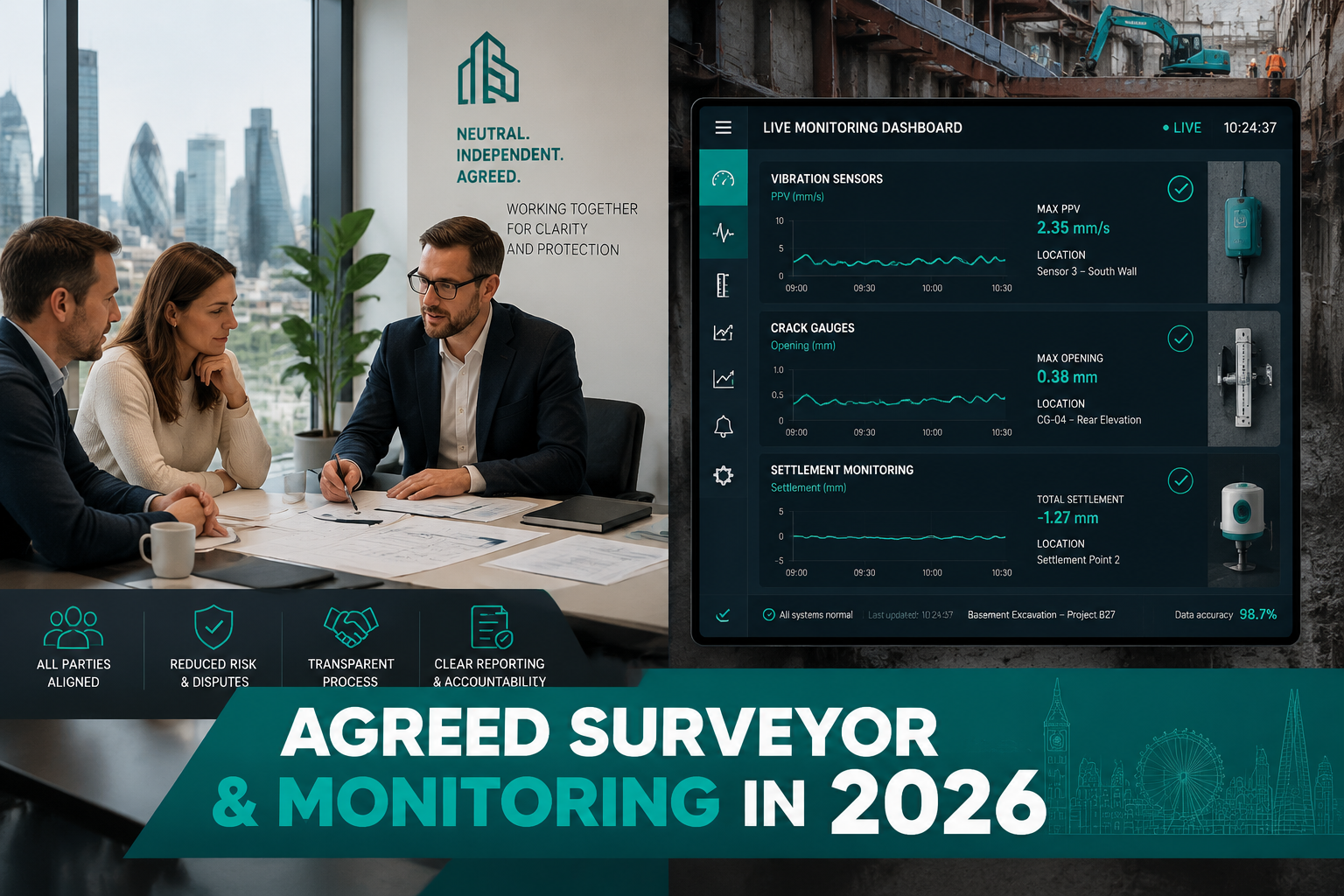 () split-scene infographic-style image: left half shows two property owners and a neutral agreed surveyor sitting across a