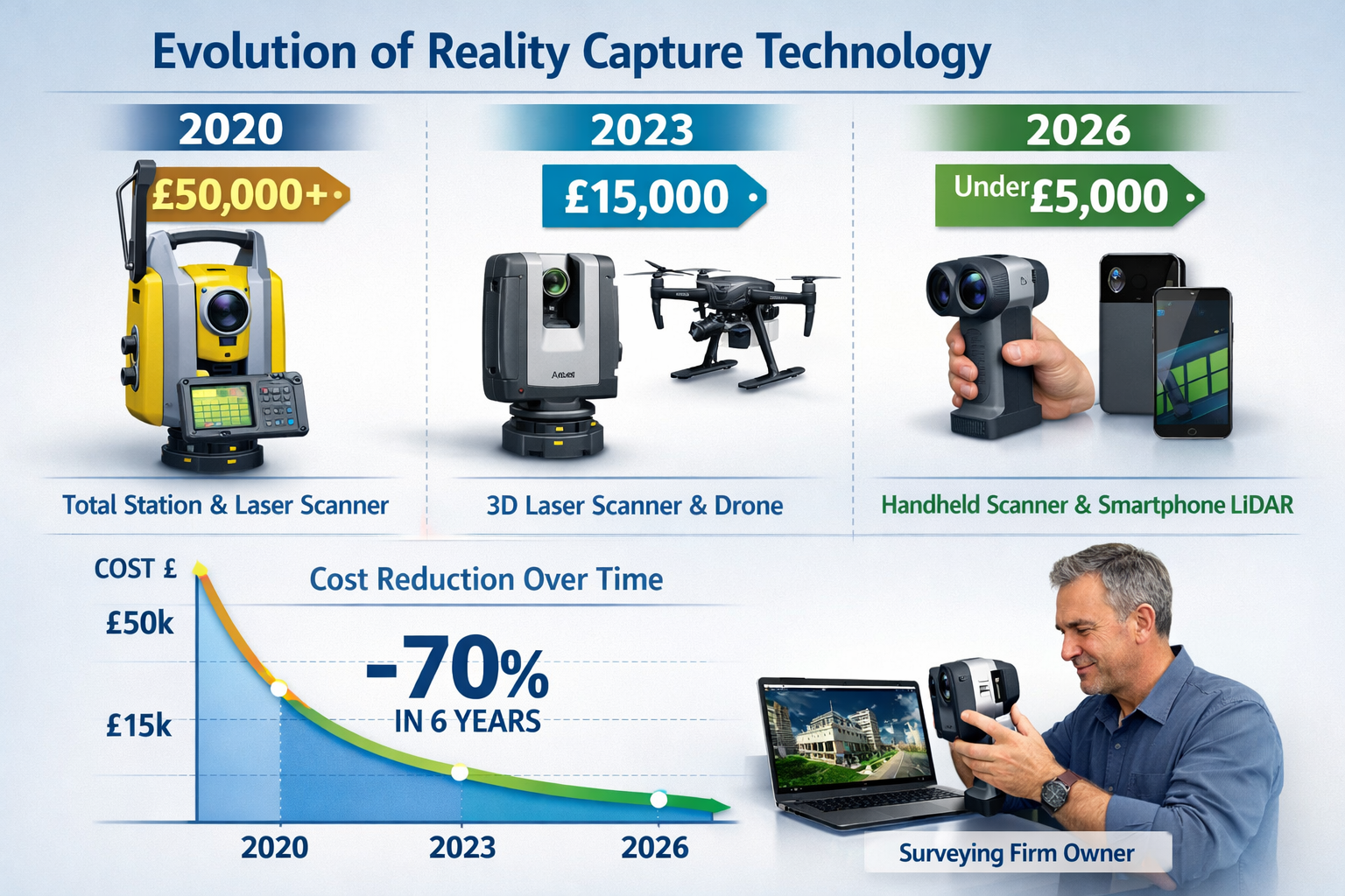 Landscape format (1536x1024) detailed image showing evolution timeline of reality capture technology from 2020 to 2026. Left side displays e