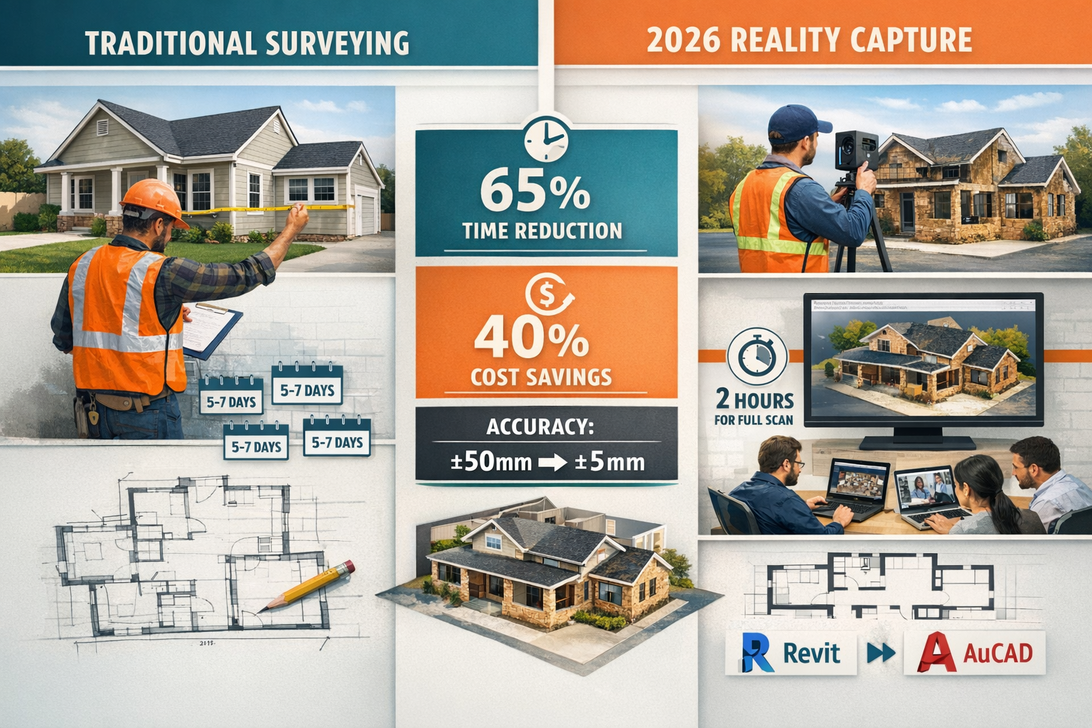 Landscape format (1536x1024) split-screen comparison image showing traditional surveying workflow versus 2026 reality capture workflow for p
