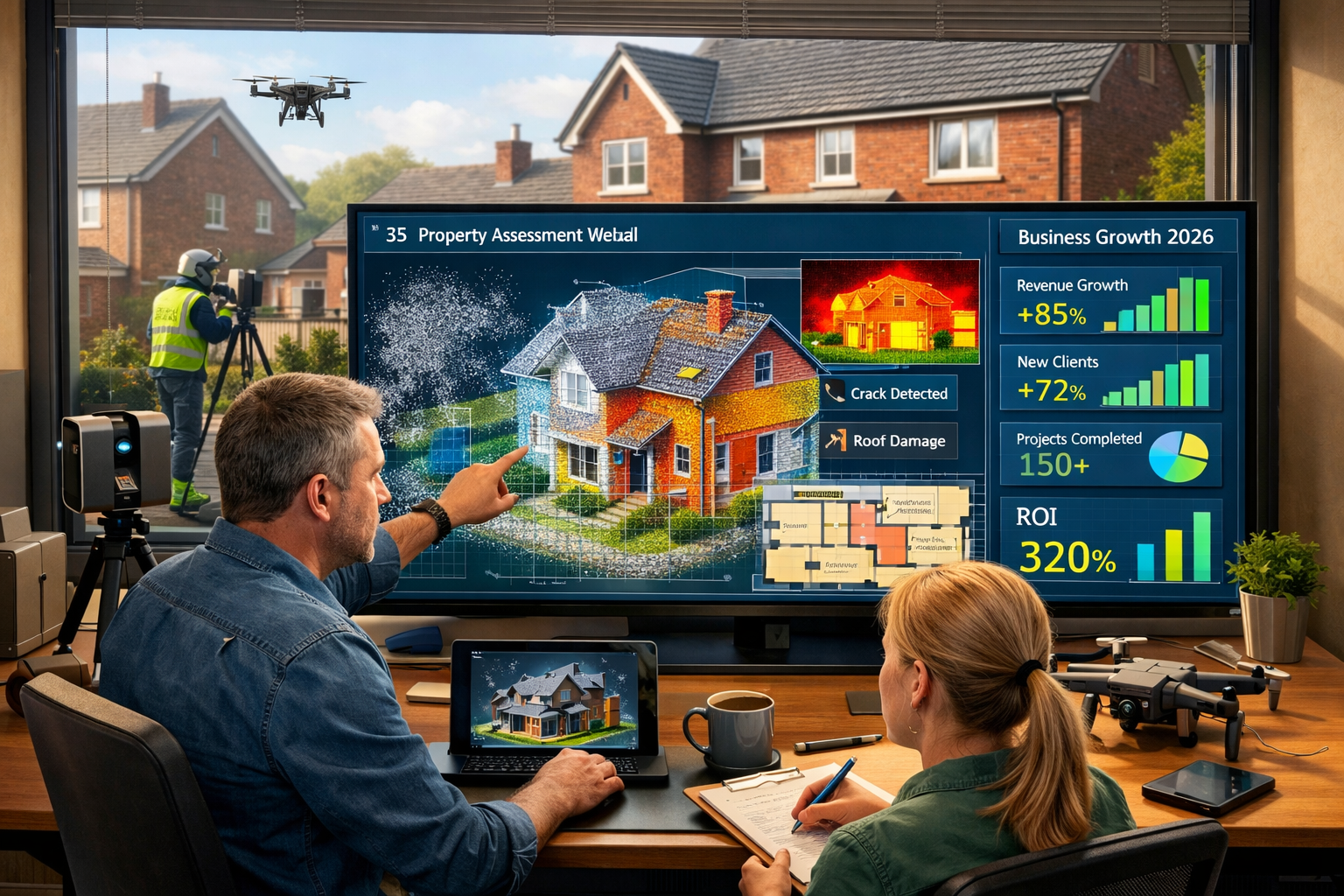 Landscape format (1536x1024) detailed visualization of small surveying firm success story in 2026. Foreground shows solo practitioner or 2-3