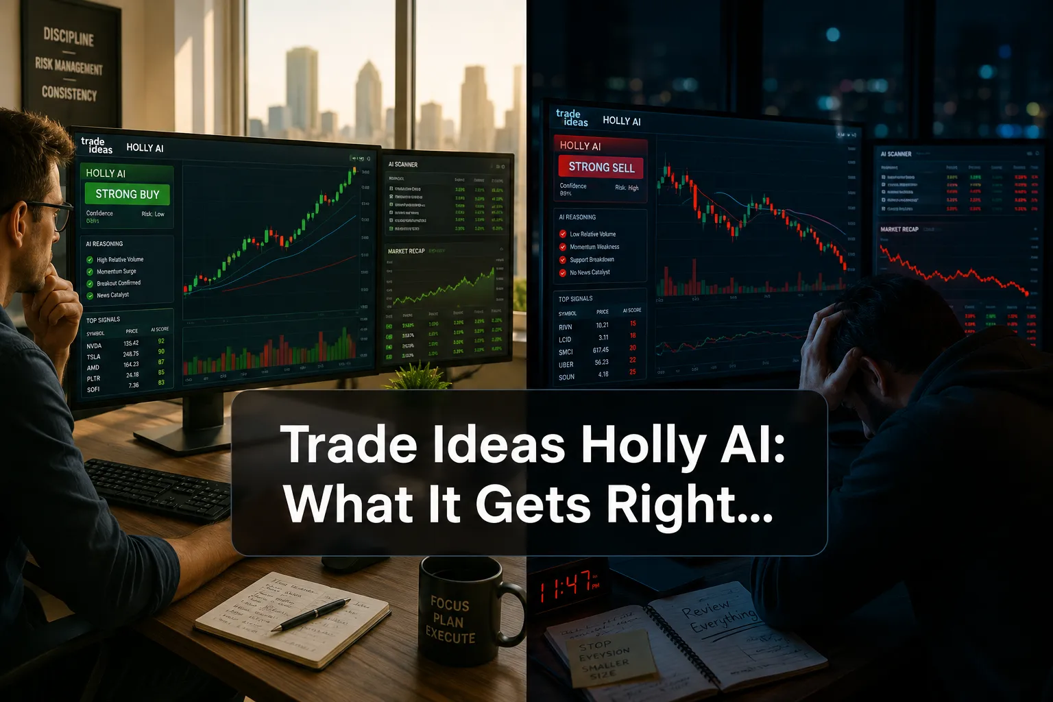 Professional () hero image with (≤42 chars): 'Trade Ideas Holly AI: The Real Story', white on a dark semi-transparent panel,