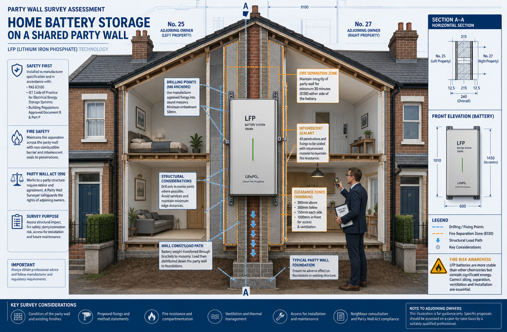 Wide-angle editorial illustration showing a UK terraced house cross-section with a large wall-mounted home battery storage