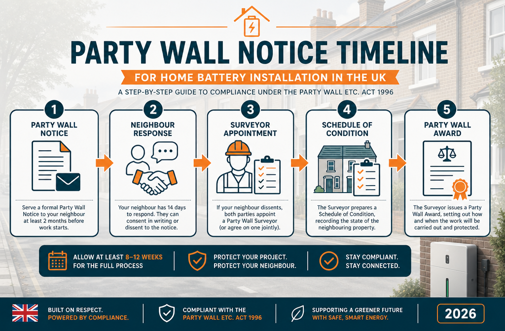 Detailed infographic-style landscape image () showing a step-by-step party wall notice timeline flowchart for home battery