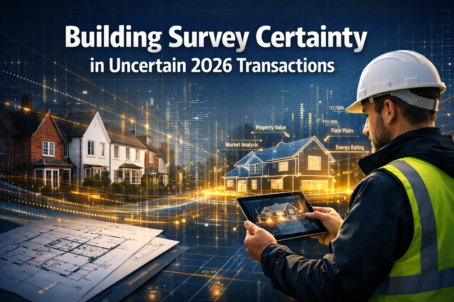 Professional () hero image featuring 'Building Survey Certainty in Uncertain 2026 Transactions' in extra large white with