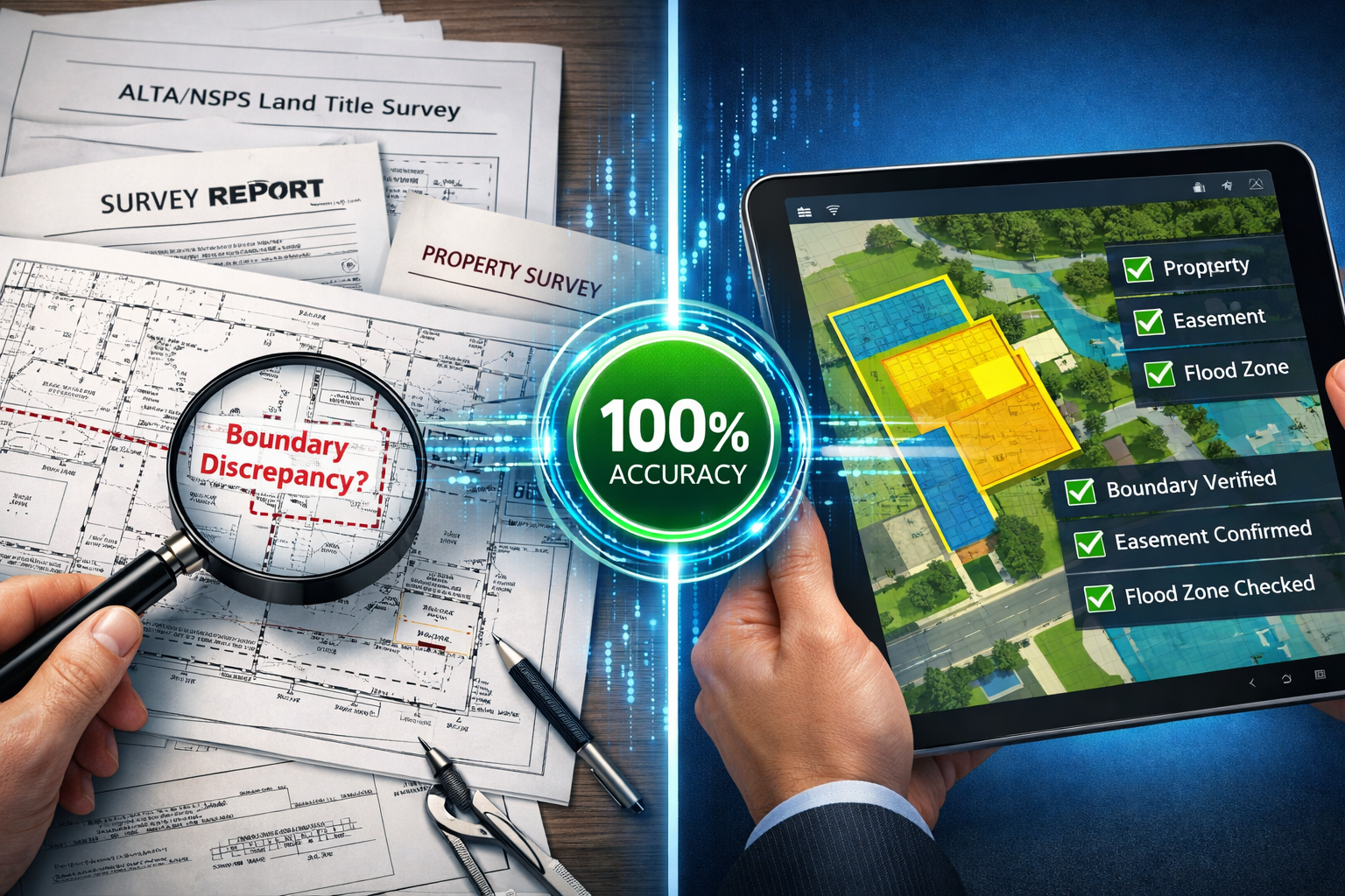 Detailed () image showing split-screen composition: left side displays traditional paper survey documents with magnifying
