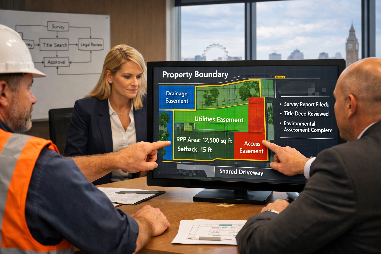 () editorial photograph of professional meeting scene with surveyor, title insurer representative, and property developer