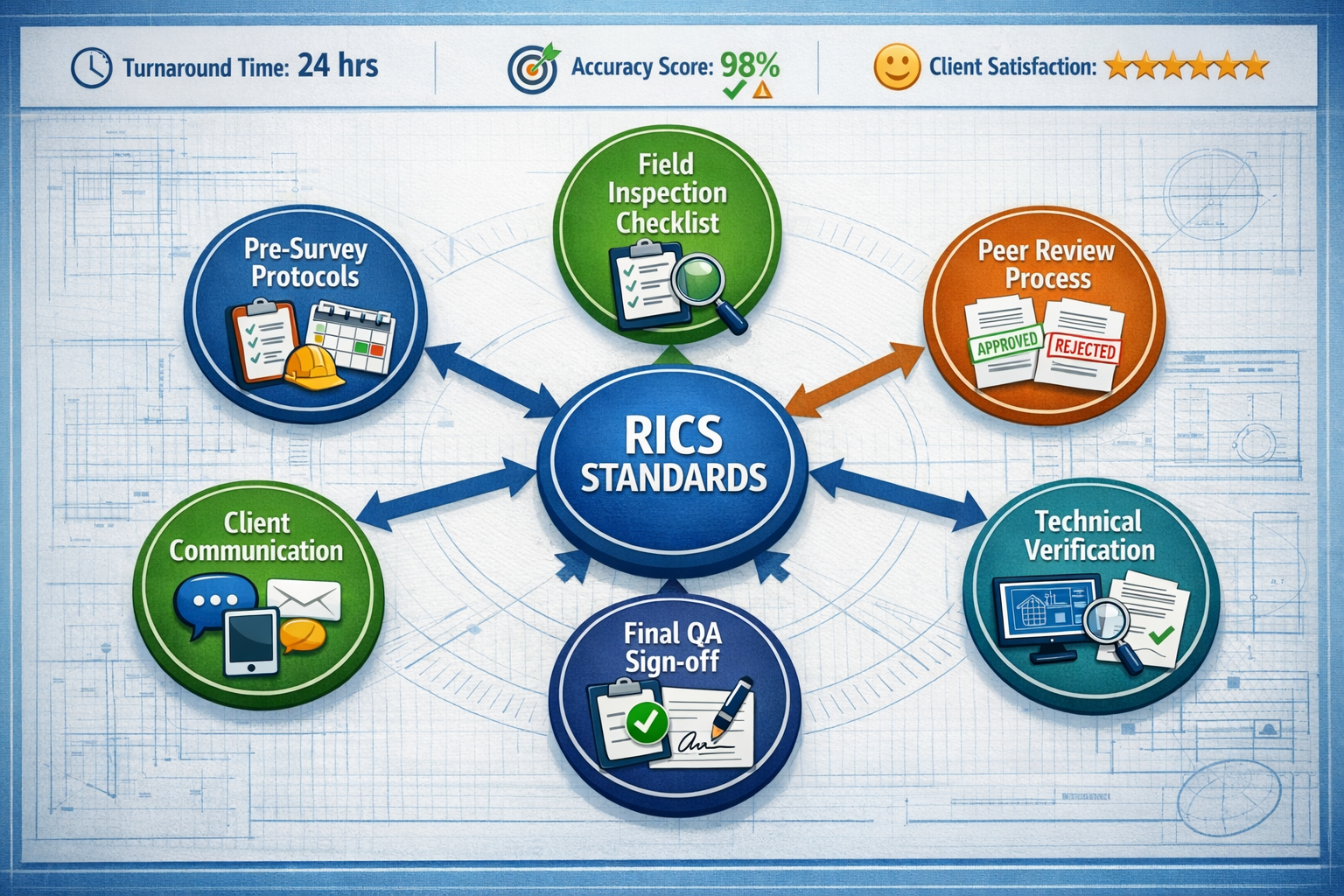 () detailed infographic showing quality assurance workflow diagram with multiple pathways. Central hub labeled 'RICS