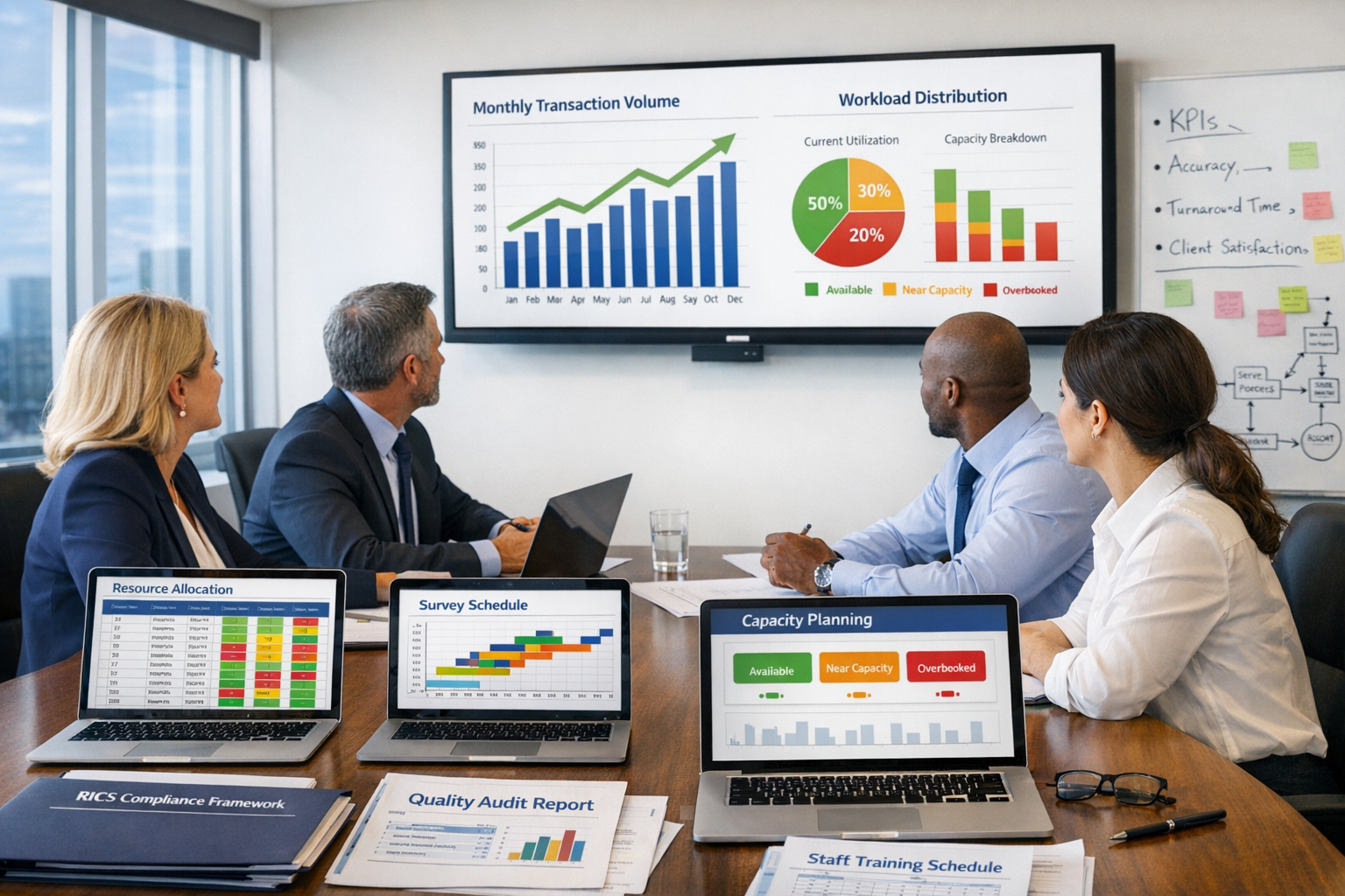 () professional business meeting scene in modern conference room focused on capacity management strategy. Foreground: