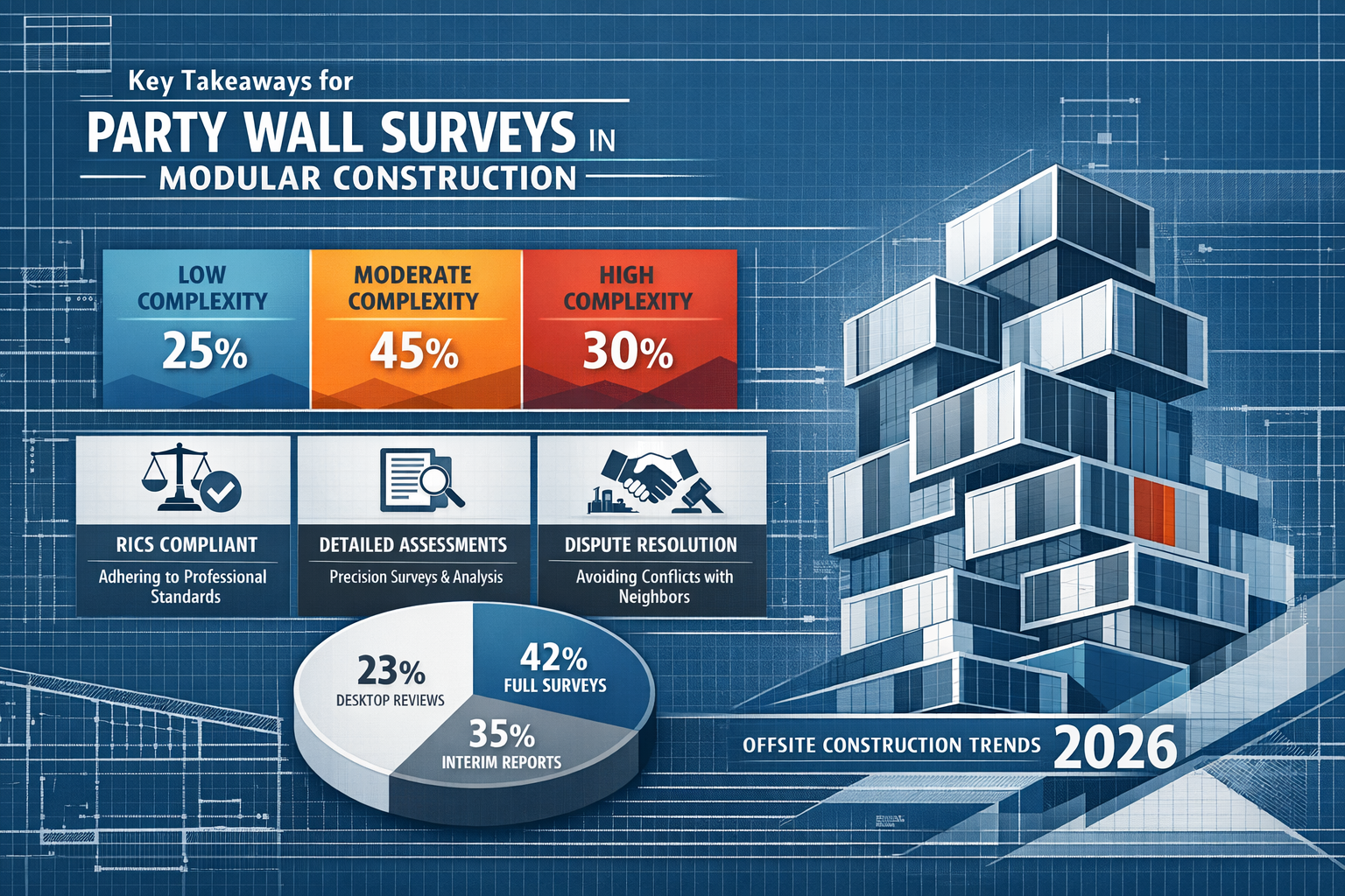 Infographic visualizing key takeaways for Party Wall Surveys in modular construction, featuring architectural blueprint with