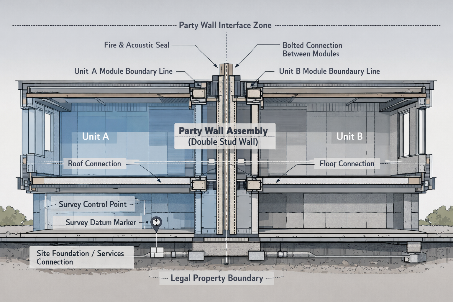 Technical architectural rendering showing cross-section of modular housing construction, highlighting party wall interface