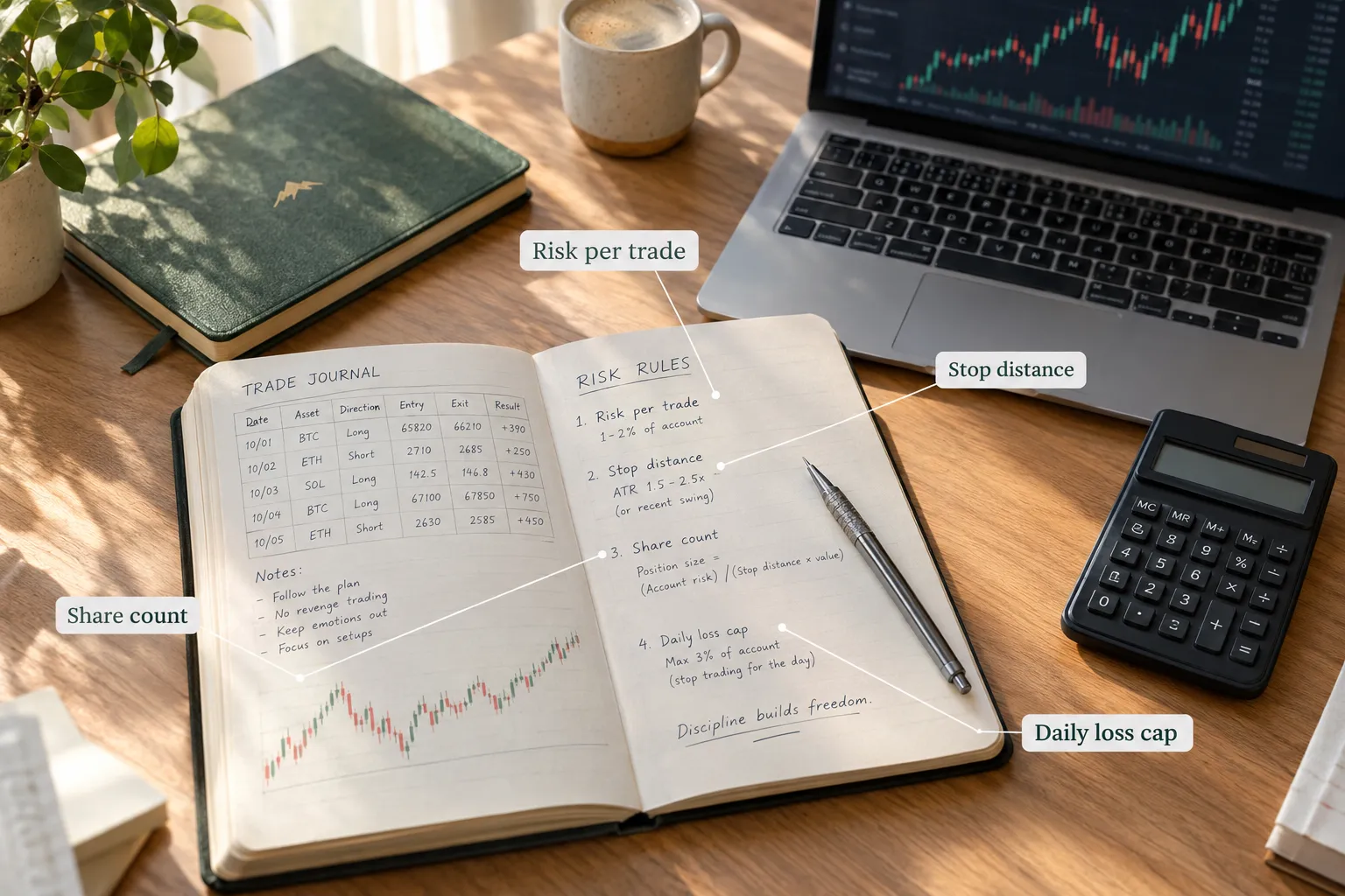 Trading journal on a desk labelled with risk per trade, stop distance, share count and daily loss cap