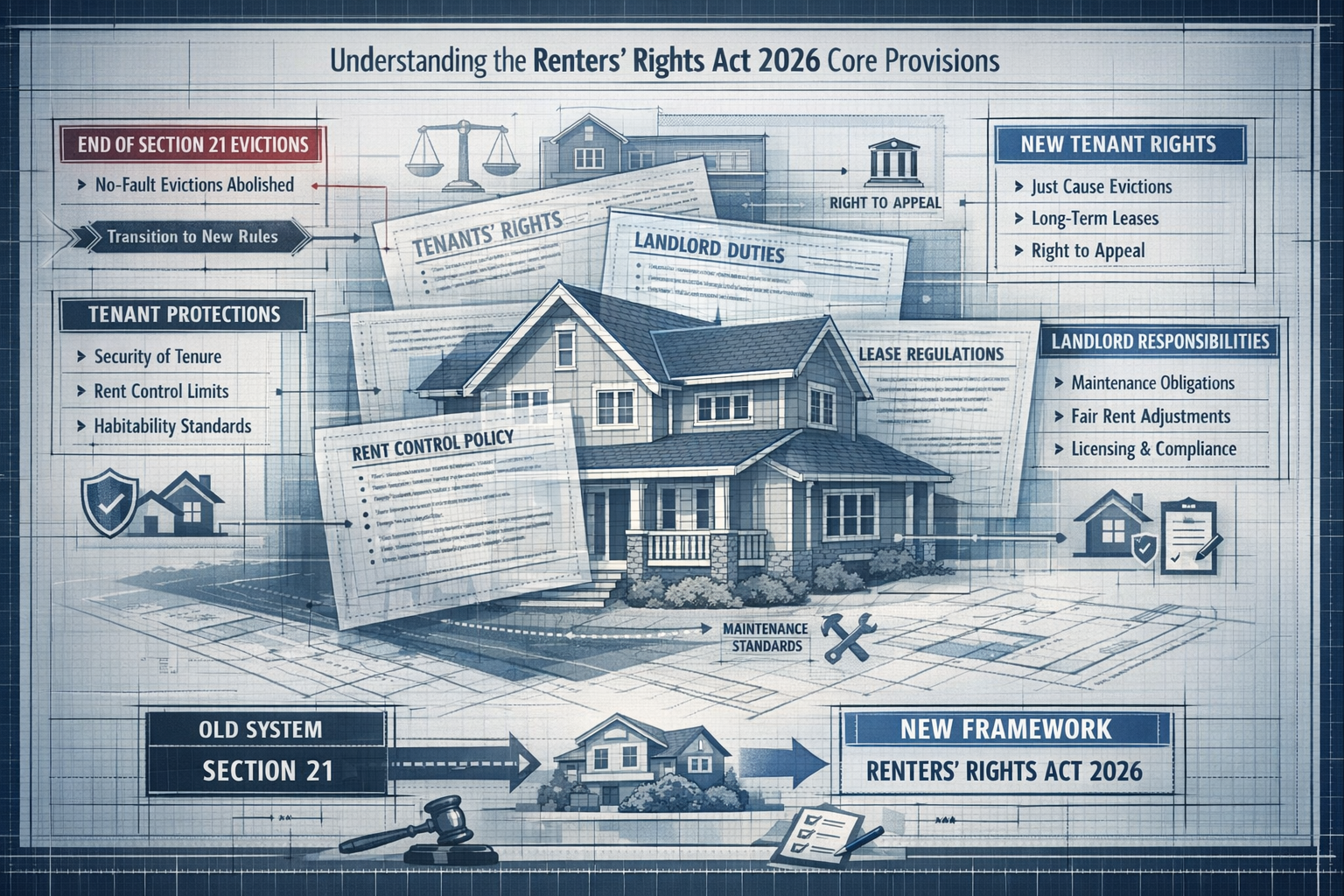 Detailed architectural visualization exploring 'Understanding the Renters' Rights Act 2026 Core Provisions', featuring a