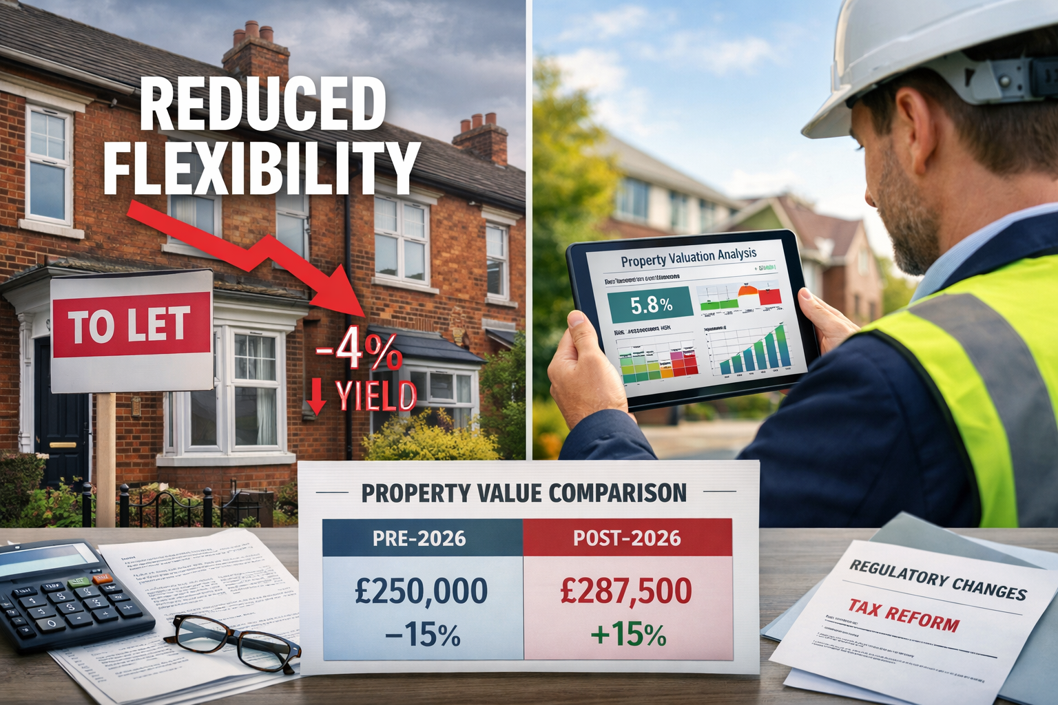 Detailed () image depicting property investment decision-making scenario post-reform. Split-screen composition: left side