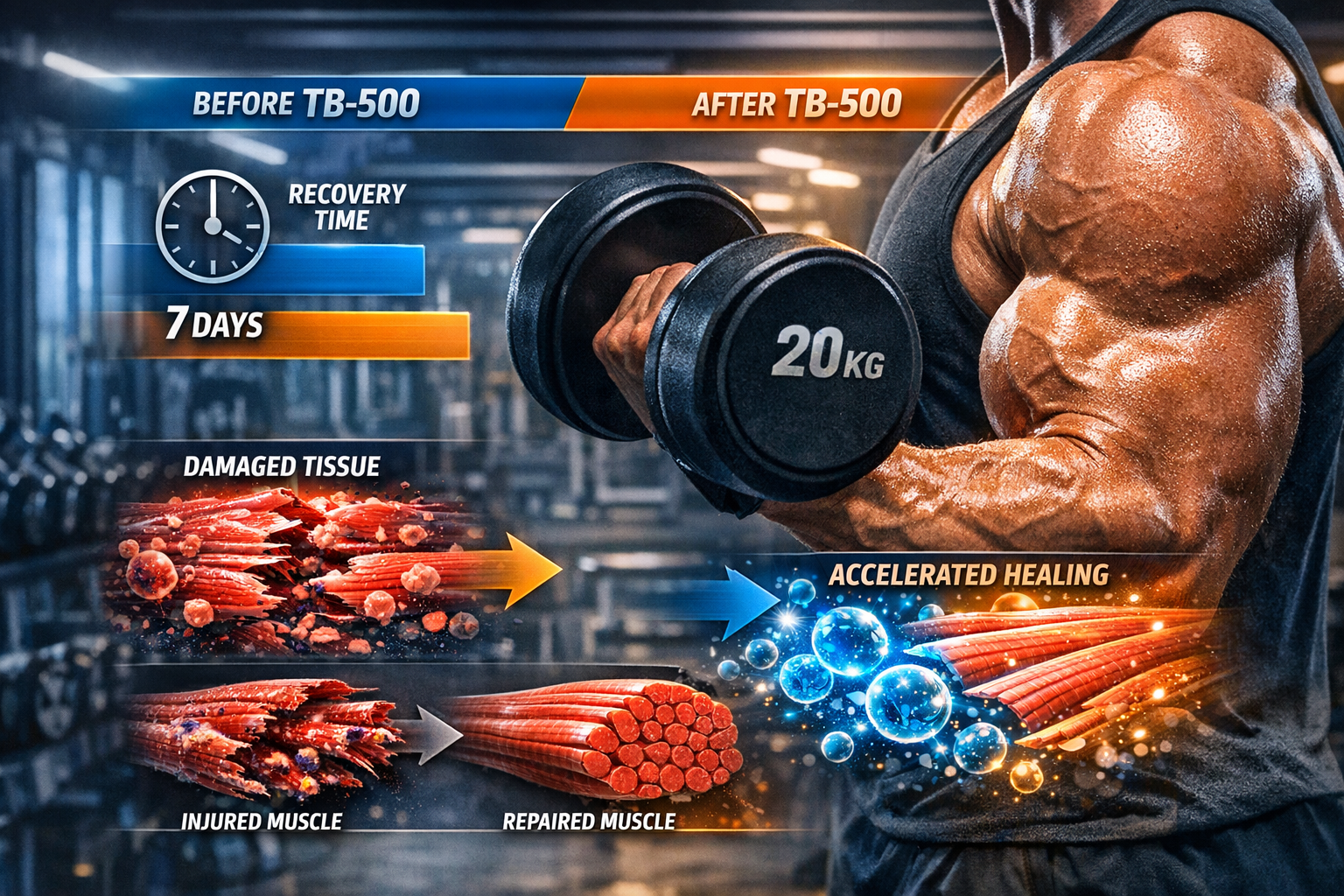 Landscape editorial photograph (1536x1024) depicting bodybuilder's muscular arm performing bicep curl with dumbbell in modern gym, with semi