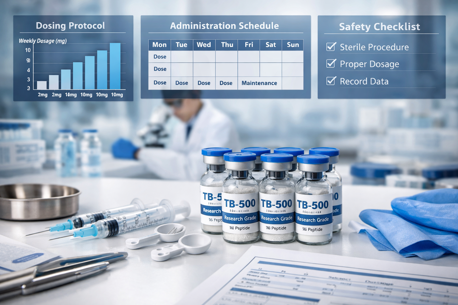 Professional medical research photograph (1536x1024) showing laboratory setting with peptide vials labeled 'TB-500 Research Grade', sterile 