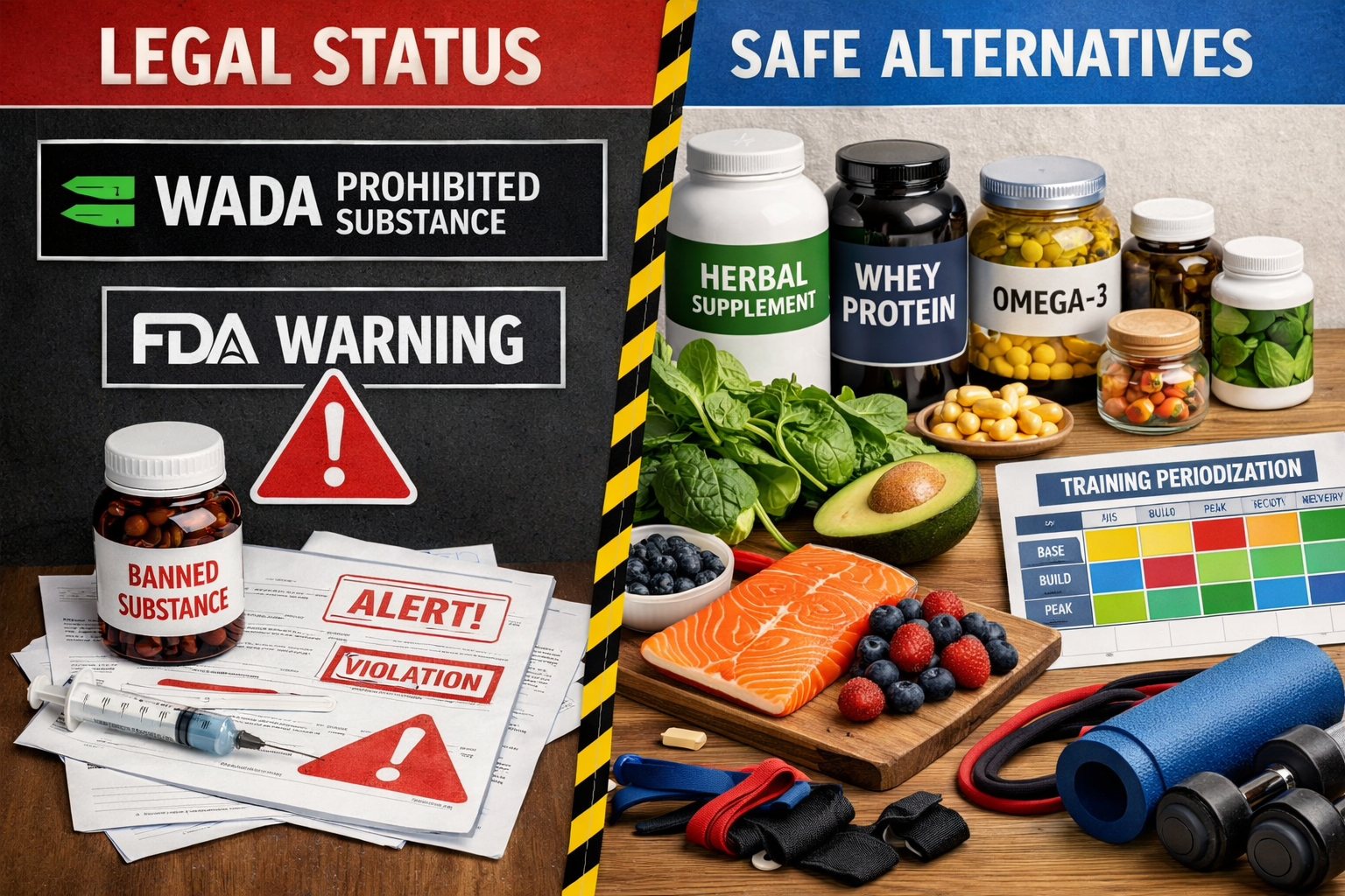 Split-screen editorial image (1536x1024) with left side showing 'Legal Status' section featuring WADA prohibited substance symbol, FDA warni