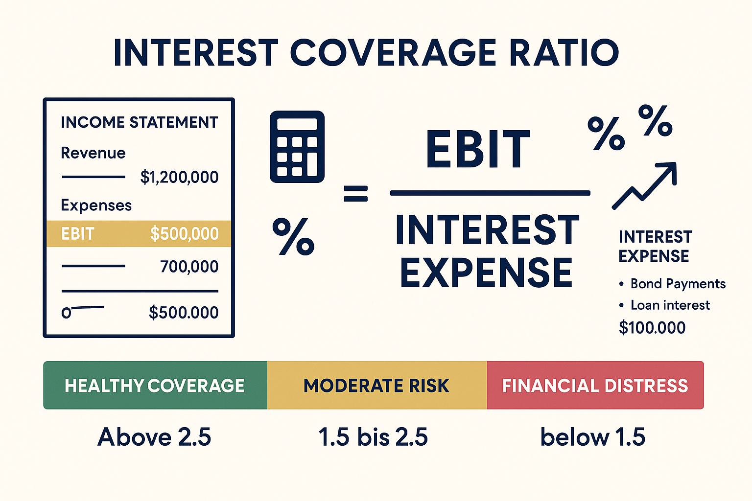 Detailed infographic illustration showing the Interest Coverage Ratio formula breakdown in landscape format (1536x1024). Central focus on la