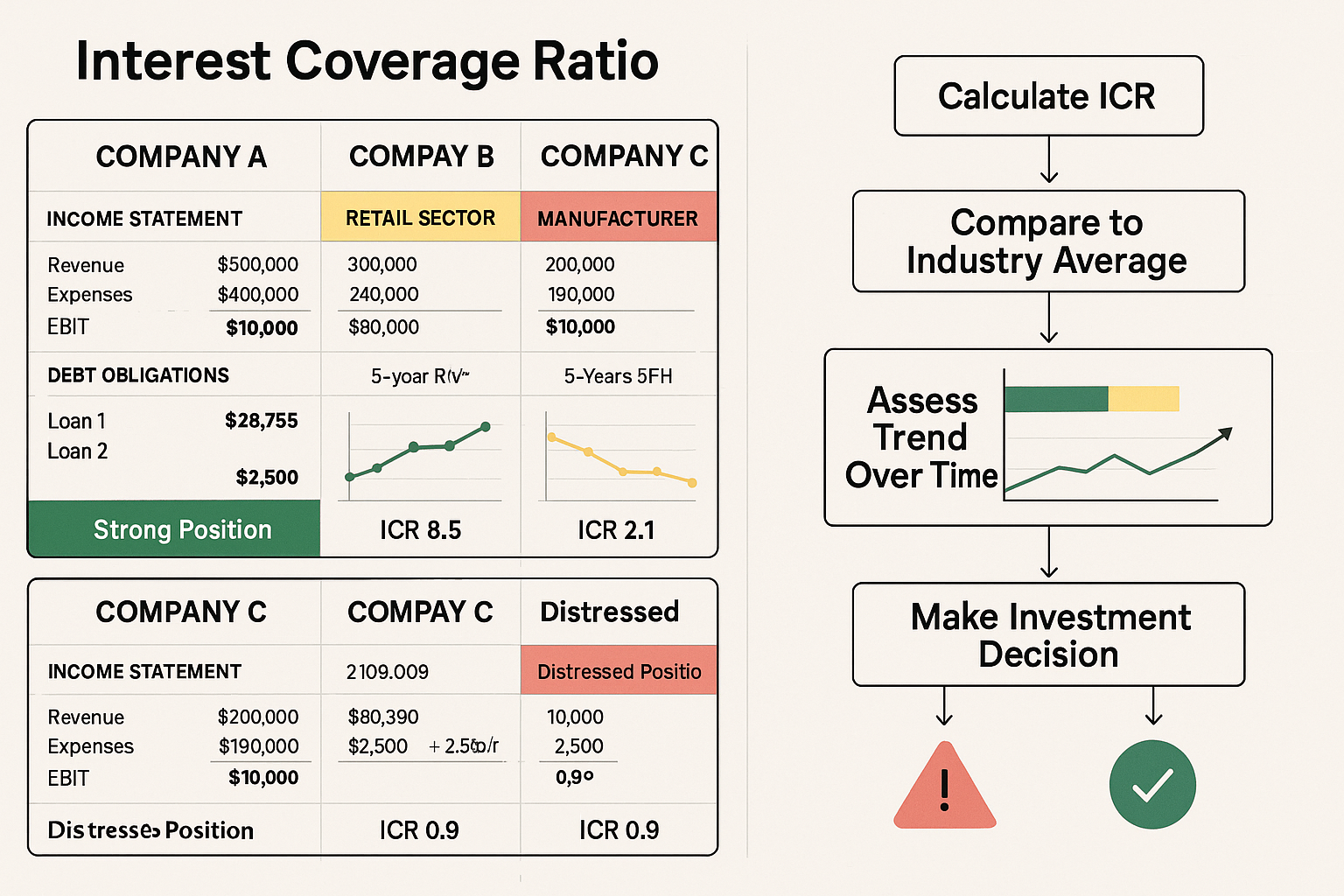 Comprehensive visual comparison chart in landscape format (1536x1024) showing real-world Interest Coverage Ratio analysis across different c