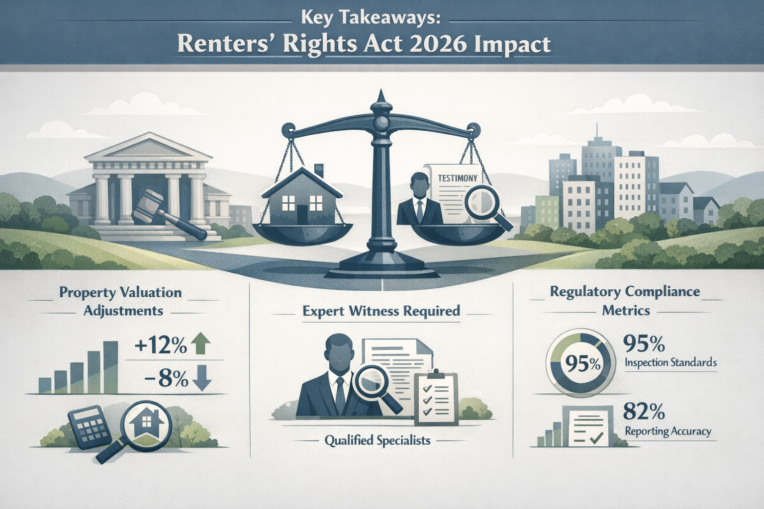 Key Takeaways section infographic visualizing the Renters' Rights Act 2026 impact, featuring a stylized landscape split into