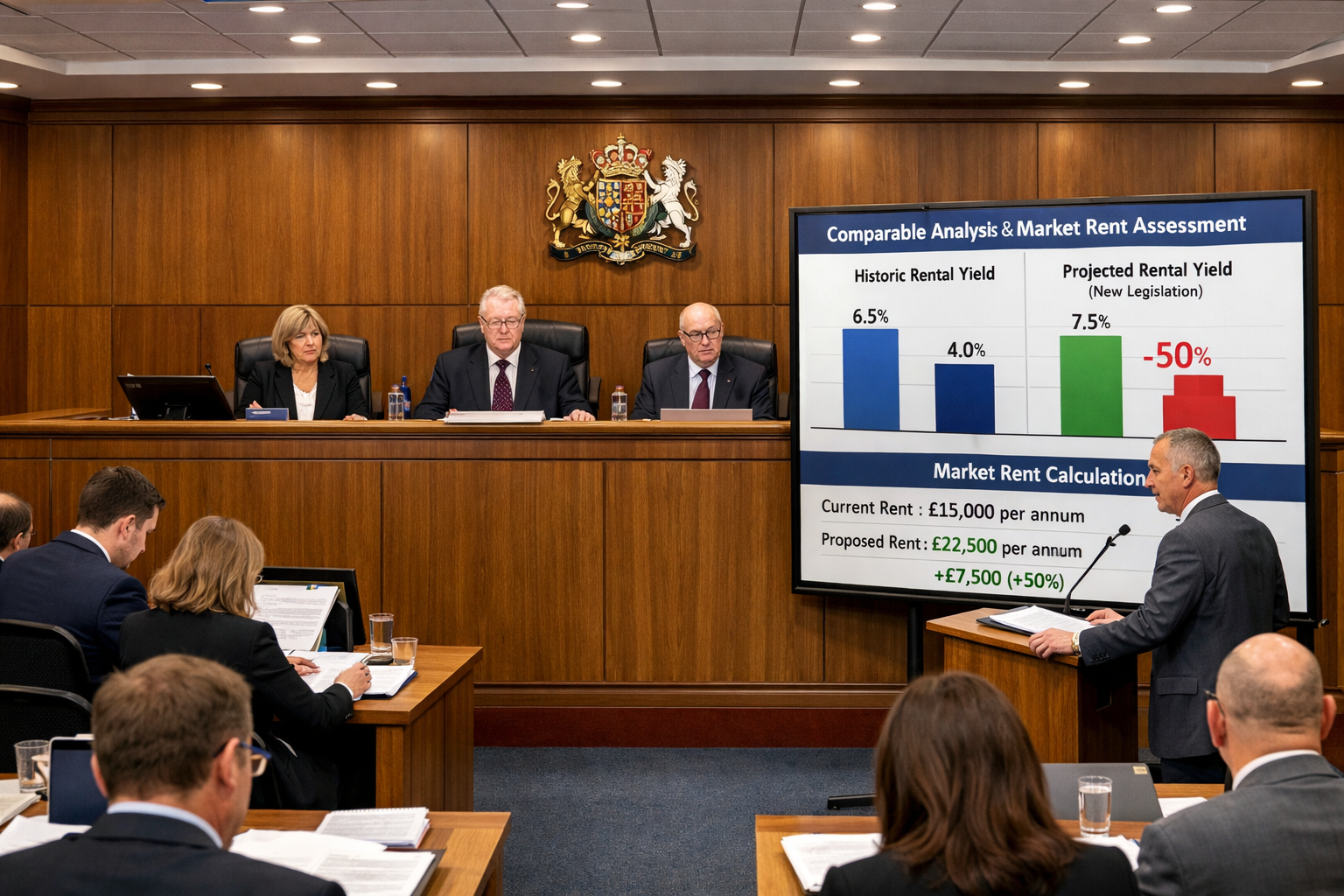 Detailed () professional courtroom scene showing First Tier Tribunal hearing in progress. Wide angle view of modern hearing
